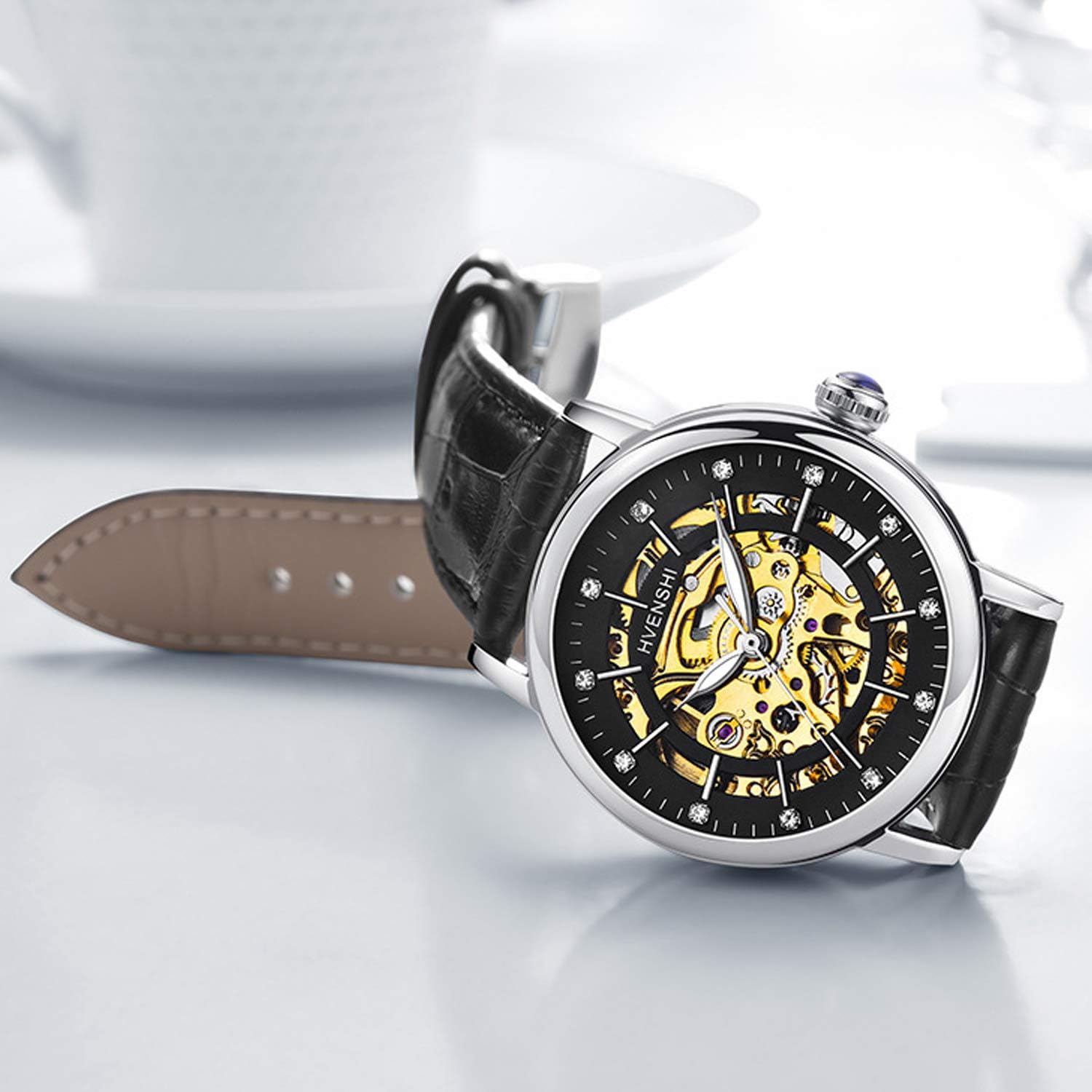 RORIOS Women's Skeleton Watch Dial Self-Winding Automatic Watch with Leather Band Women Wrist Watch - Image 3