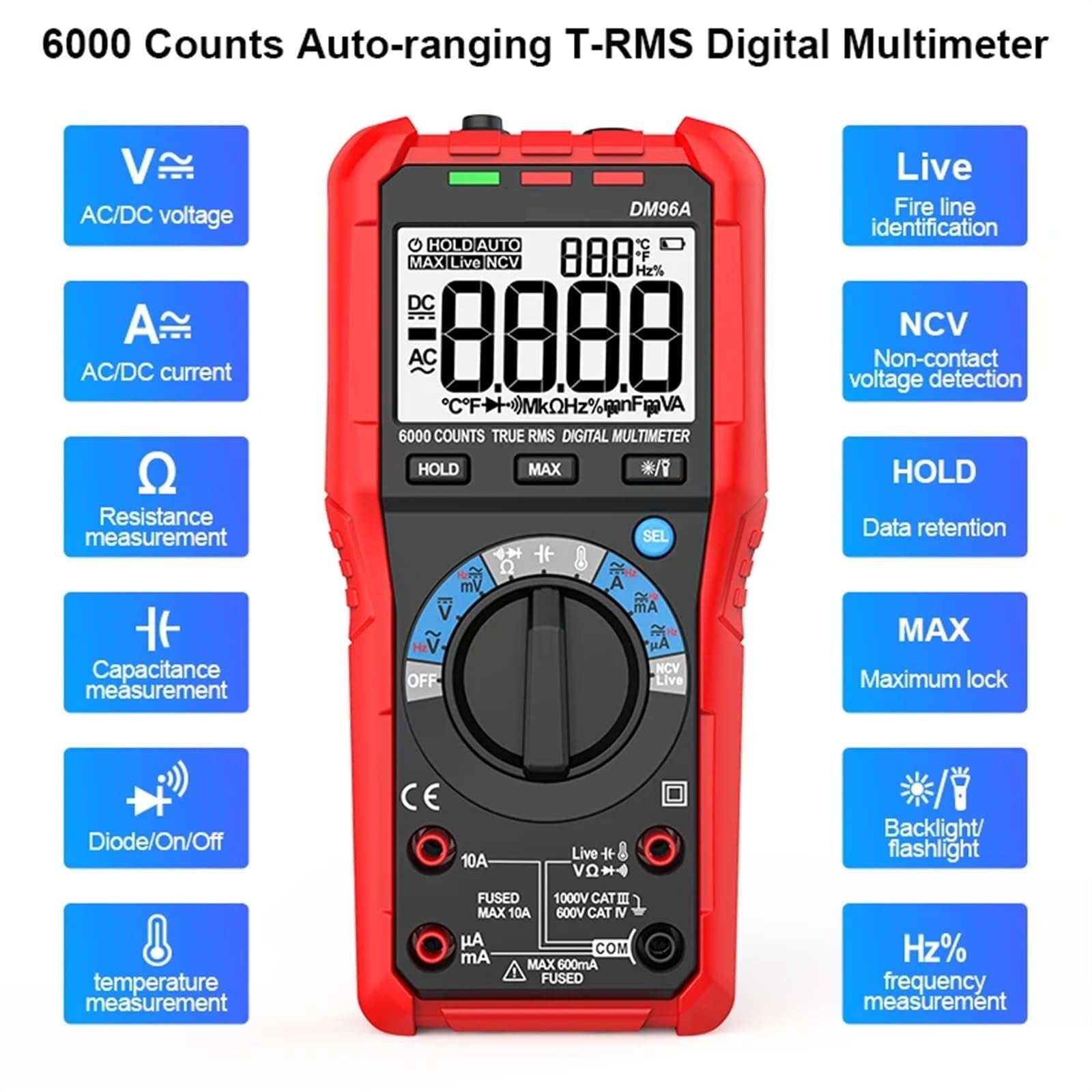 Multimetr cyfrowy, Multimetr cyfrowy inteligentny woltomierz AC DC napięcie prądu wielofunkcyjny tester automatyczny zakres 6000 zliczeń LCD NCV Firewire kondensator Wszechstronne możliwości pomiarowe