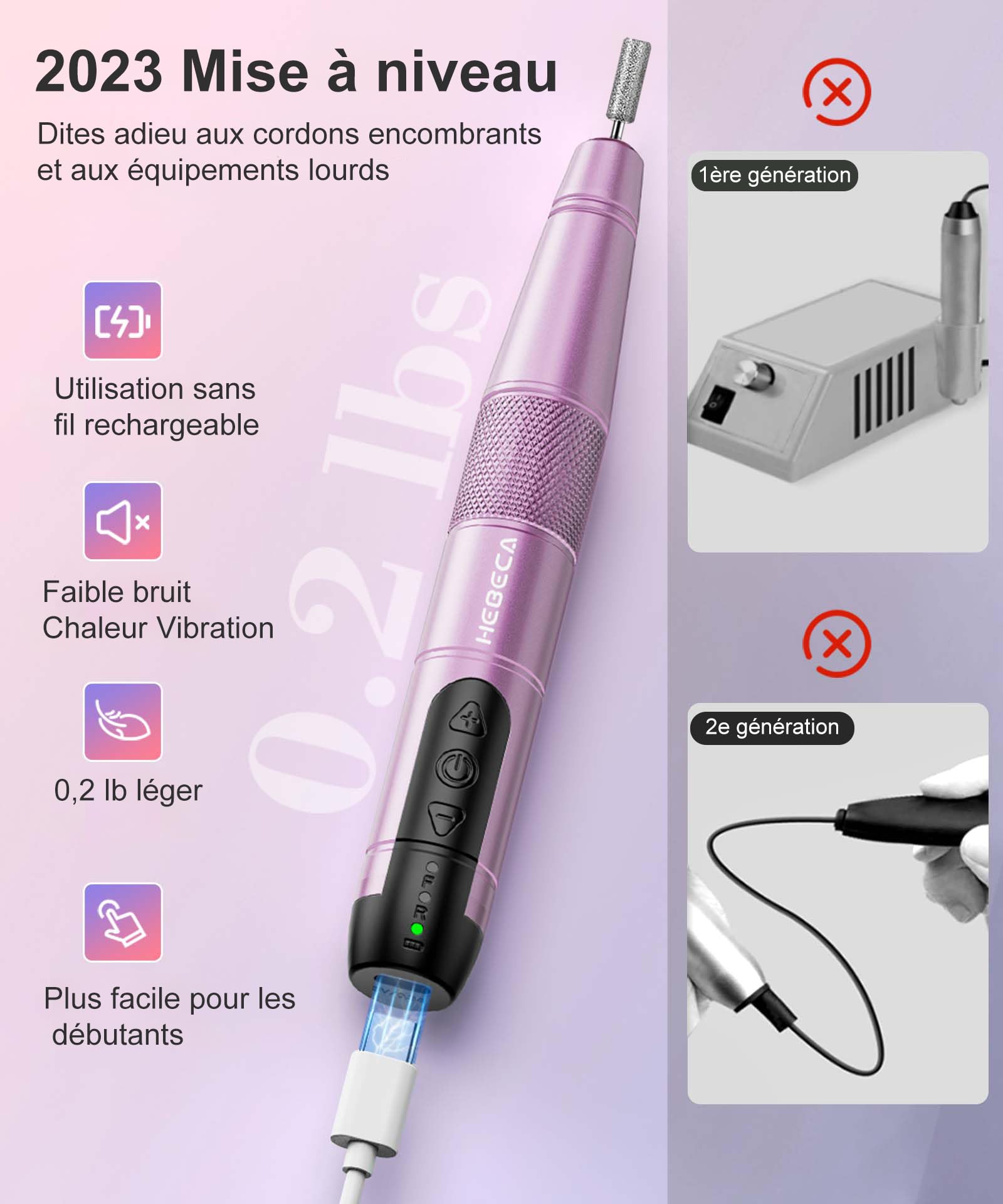 HEBECA Ponceuse pour ongles professionnel - 20000RPM Lime a Ongle Electrique Portable - Ponceuse Ongles sans fil Kit complet de Manucure et Pédicure Polyvalence (Rose)