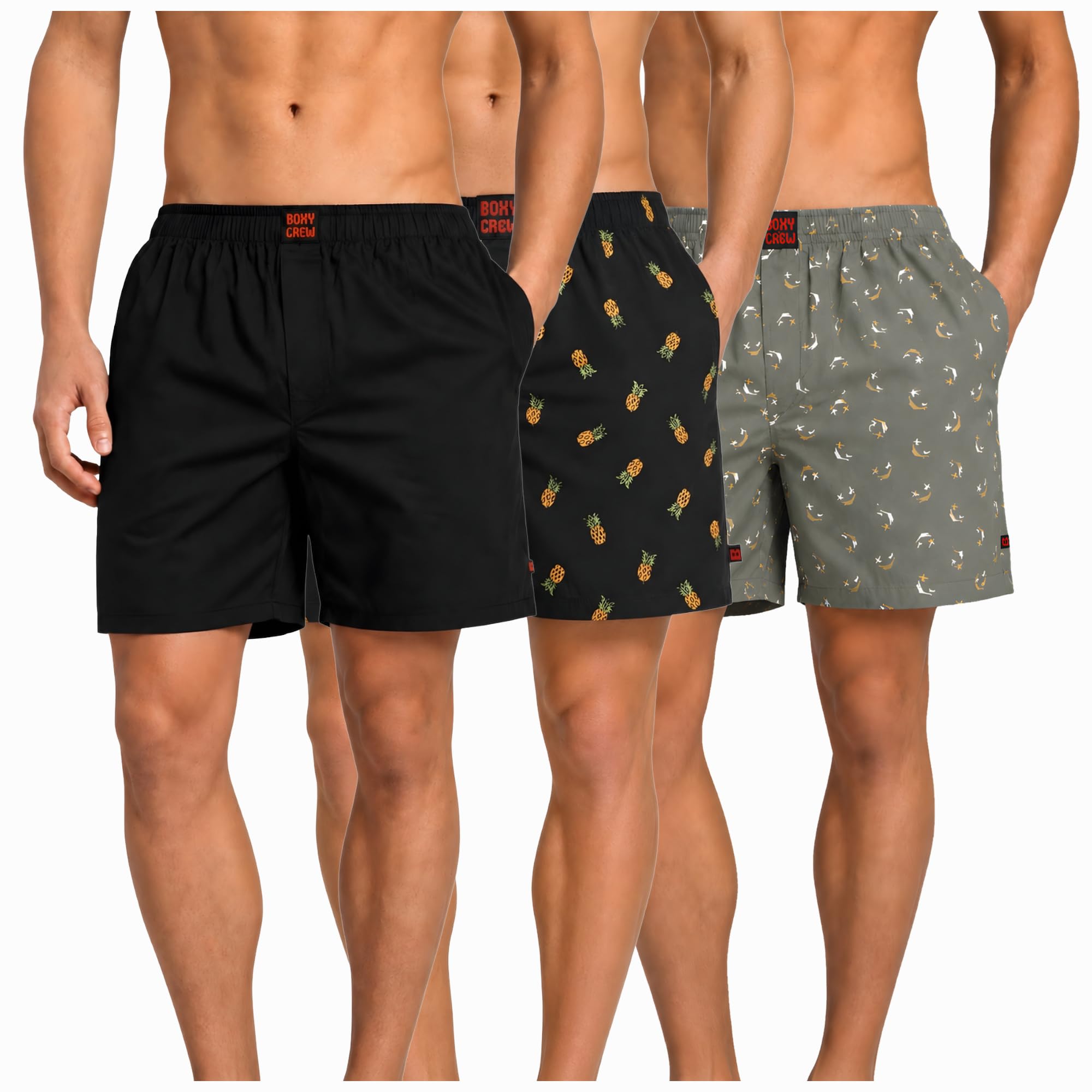 Men's 100% Cotton Boxer Shorts Pack of 3, Black, Charcoal & Green | Woven Boxers with Side Pockets, No-Marks Elastic Waistband, Breathable Relaxed Fit | Style 001-004-008-image-21