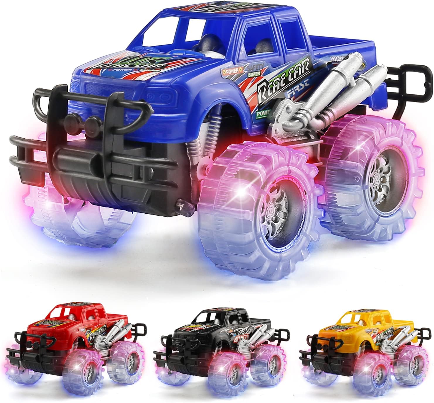MAPIXO 4 Pack 4 Colors Monster Truck Set with Light Up Flashing LED Wheels, Best Gift for Boy and Girl Age 3+ Years Old. Push n Go Car, Monster Car Toy for Kids Child Toddler Birthday Party Favors
