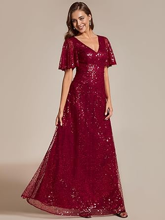 Ever-Pretty Avondjurk voor dames, lang, schoudervrij, geplooid, mouwloos, glinsterend, Empire taille, EE41961, Bordeaux, 44