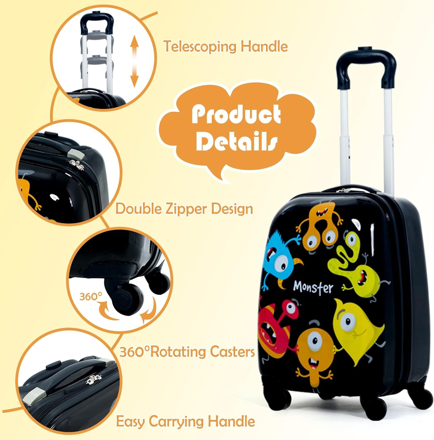 KOTEK Kids Carry On Luggage Set, 16" Hardside Rolling Suitcase with Spinner Wheels, Travel Rolling Luggage for Boys Girls (Monster)