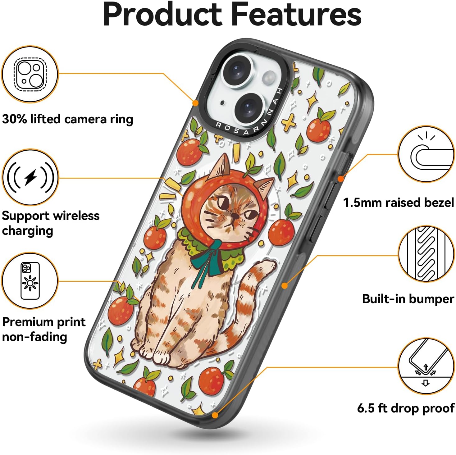 Magnetic for iPhone 15 Magsafe Case Cute Aesthetic - Durable Shockproof 6.6 ft Drop Impact Phone Case Cover with Funny Fashion Kitty Cat 6.1" Black