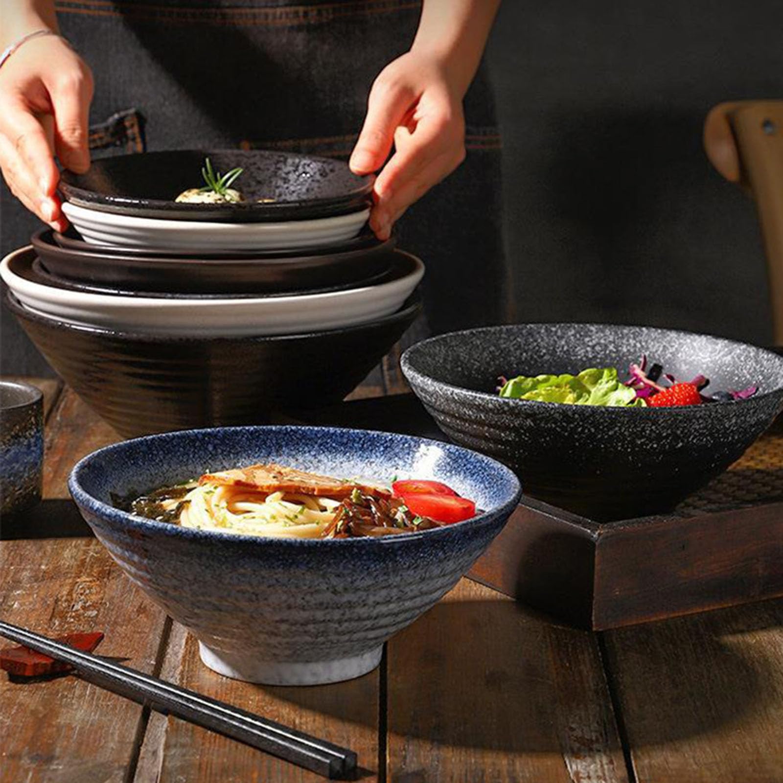 3 Stück Ramen Schüssel,Ramen Schüssel Keramik Set,Ramen Bowl Set 650/1000/1600Ml,Suppenschalen Rührschüsseln, Suppenschüssel Für Nudeln Getreide Salate,Blau