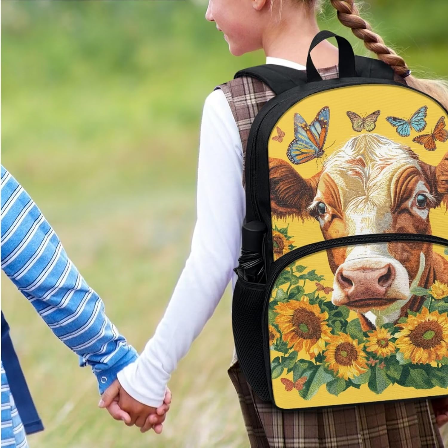 Xoenoiee Cow Butterfly and Sunflower Pattern 3Pcs Bookbag+Lunch Box+Pencil Bag for Students 17in Large School Bag Backpack Set for Boys Girls Back To School