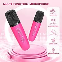 Vista 4 de Mini máquina de karaoke para juguetes para niños, altavoz Bluetooth portátil con 2 micrófonos inalámbricos, regalos de cumpleaños para niñas de 3