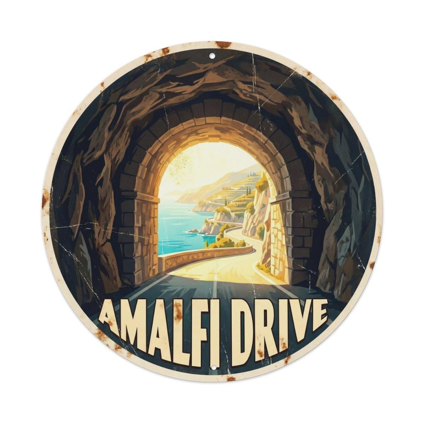 Retro Italy Seaside Coastal Tunnel Highway Travel Classic Metal Tin Sign Plaque Wall Decor for Cafe, Man Cave, Club Bar, Office, Home Garden Round Metal Poster 8x8Inch