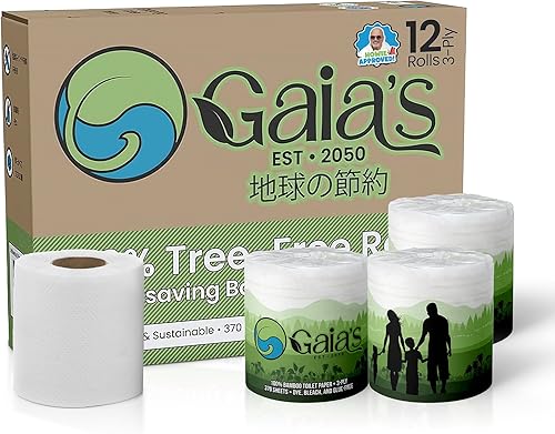 Miniatura 4 de Gaias - Papel higiénico 100% bambú orgánico, 3 capas, ecológico, tejido sostenible, 12 rollos dobles y 370 hojasrollo, embalaje sin plástico, seguro