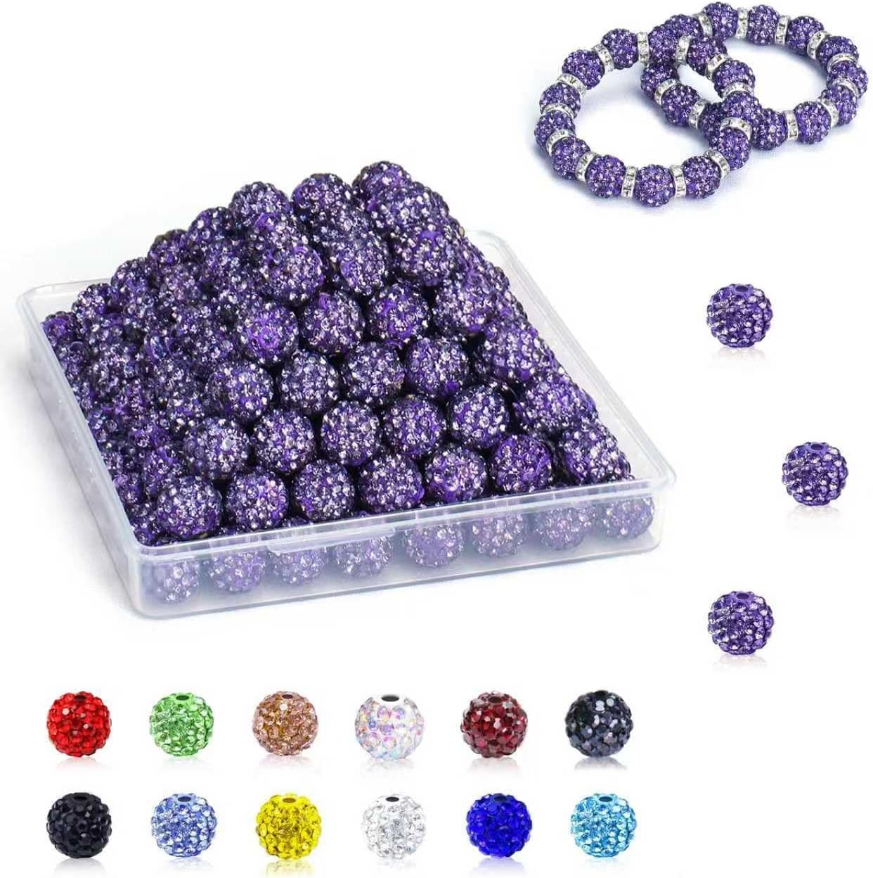 10mm Clay Rhinestone Beads for Jewelry Making, 100 Pcs Shiny Shamballa Disco Ball Design Bulk, Sparkle Baseball Beads for Bracelets Baseball Necklace Earrings DIY Crafts Decoration (Purple)
