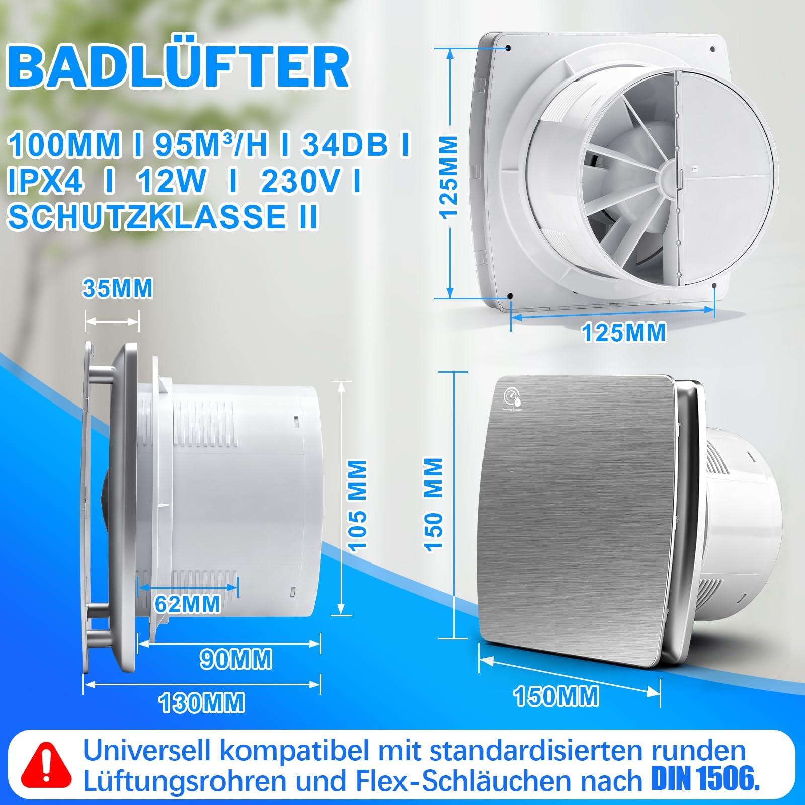 100mm Badlüfter mit Feuchtigkeitssensor Nachlauf, WC Küche Ventilator