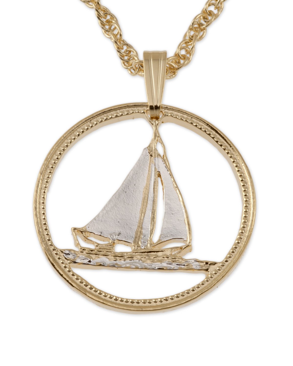 Sail Boat Pendant & Necklace, Bahamas 25 Cents Hand Cut Coin