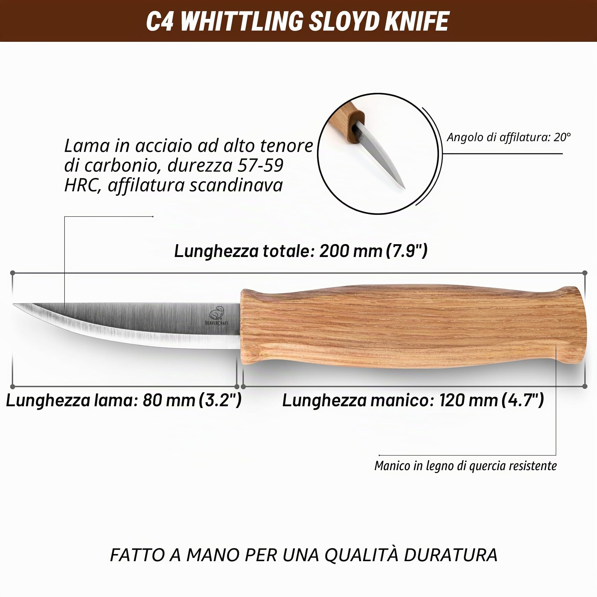 BeaverCraft C4 Coltello per Intaglio del Legno – Coltello Sloyd per Sgrossatura | Strumento per Intaglio di Cucchiai per Principianti e Professionisti