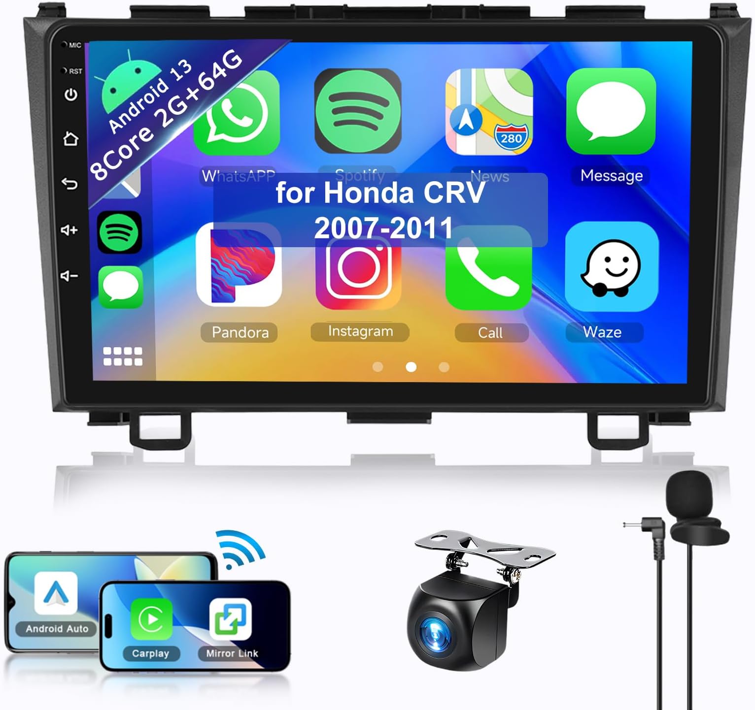 8Core 2+64G Car Stereo for Honda CRV 2007-2011 Wireless Carplay Android Auto,9 inch IPS Touch Screen Radio, Android/GPS/WiFi/32band DSP Audio/59UI/Bluetooth5.0/SWC/Backup Camera for Honda CRV Radio