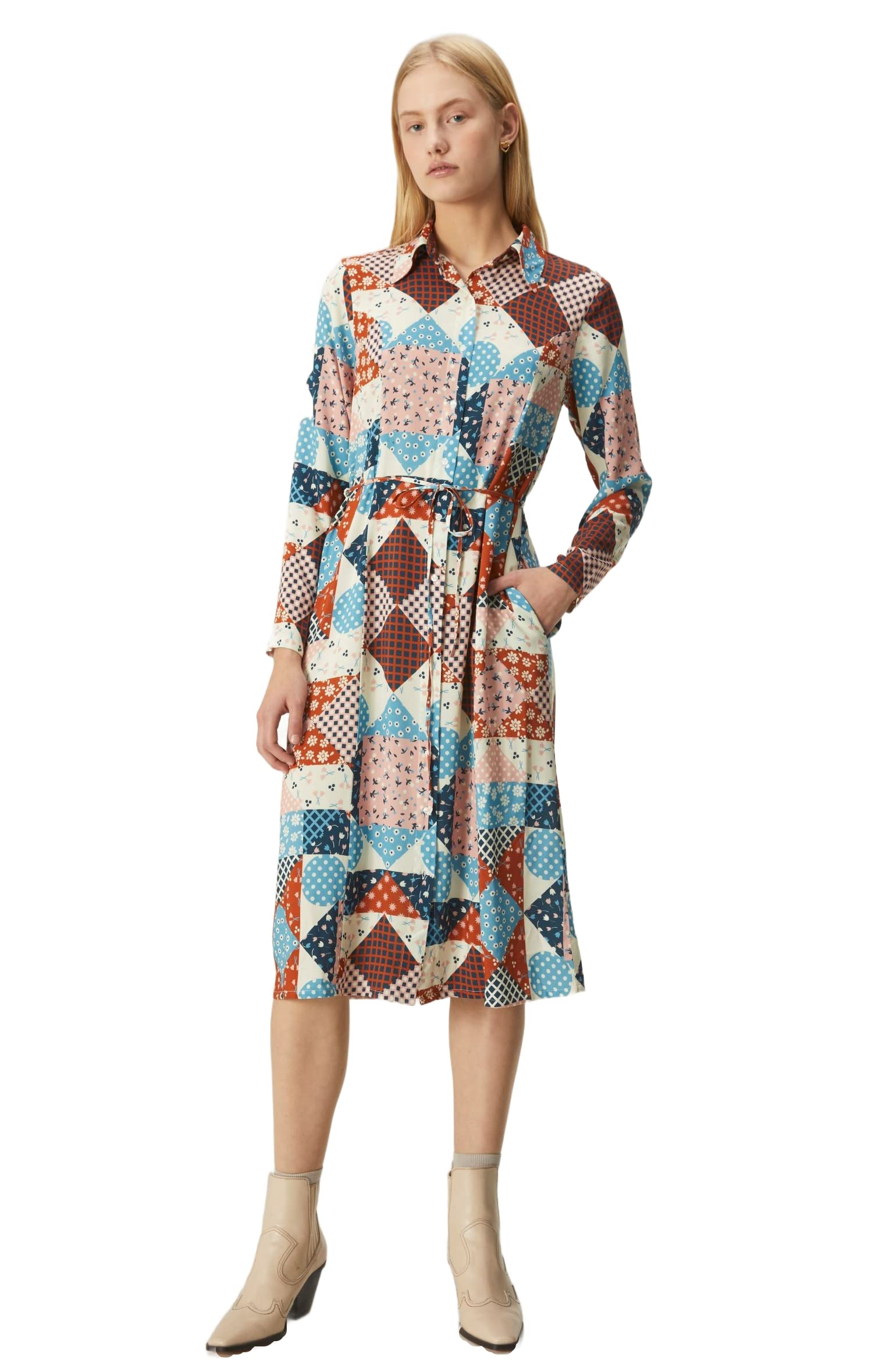 Compañía Fantástica Women's Brown Lenzing™ Ecovero™ Viscose Patchwork Print Belted Midi Shirt Dress