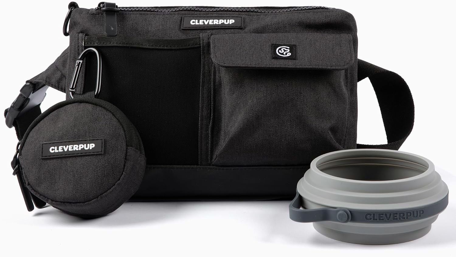 Cleverpup Dog Walk & Train Bundle - Hands Free Training Sling in Graphite, Snackpack in Graphite, & Small Nomad Bowl in Grey