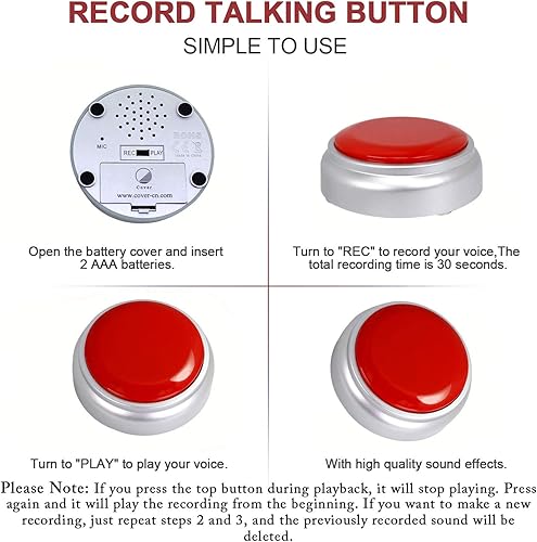 Miniatura 3 de 30 segundos de respuesta zumbadores botón de conversación grabable botón fácil botón de grabación juguete regalo respuesta zumbadores (rojo + plata)