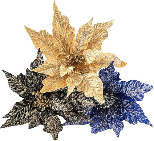 Miniatura 3 de tiecawk 4 flores de Pascua artificiales de Navidad con tallos de Navidad, adornos de árbol de Navidad con purpurina para Navidad, Año Nuevo,