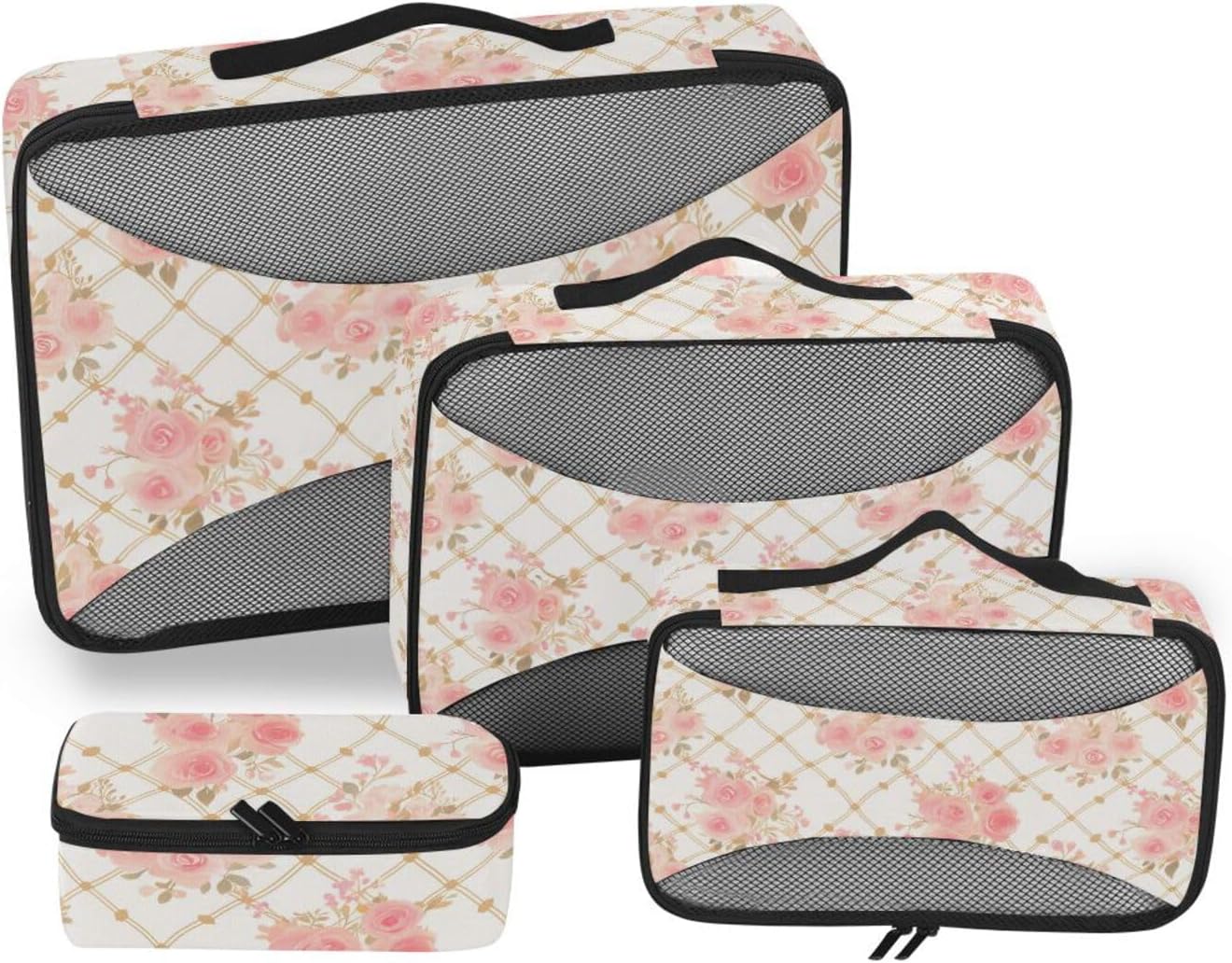 Monogram Rose Gold Checkered 4 Pcs set organizer for closet Mesh Travel Essentials expandable packing cubes for suitcases