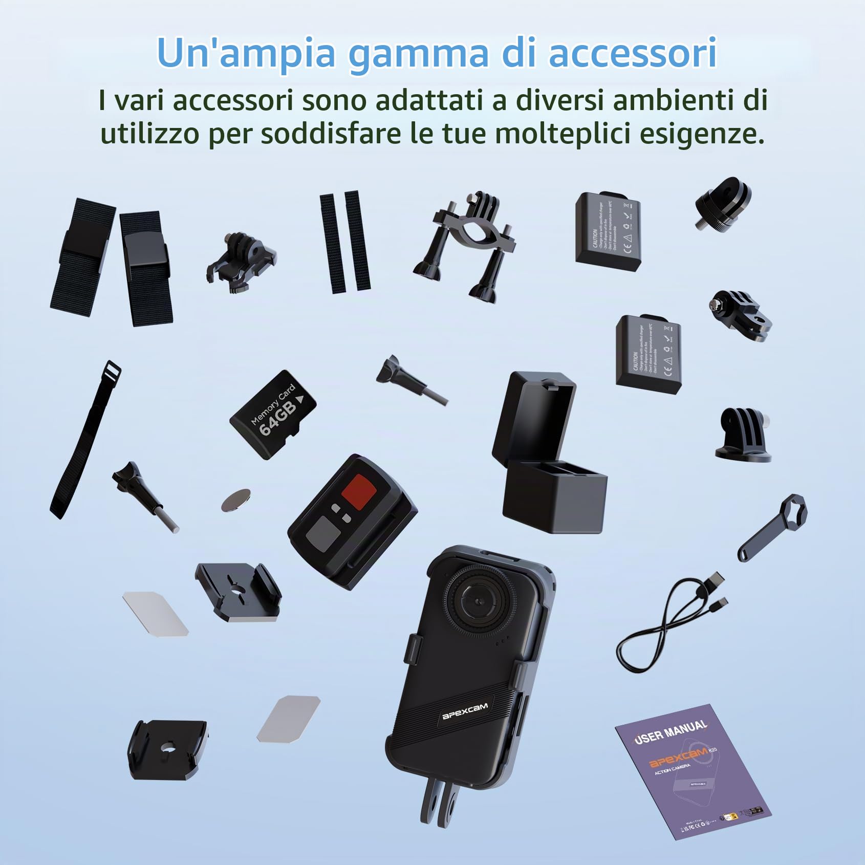 Apexcam K20 Touchscreen Action Cam 4K60FPS 48MP Ultra HD WiFi 8X Zoom EIS Fotocamera sportiva subacquea 20m impermeabile con 64GB Card 2.4G Telecomando 2x1350mAh Batterie
