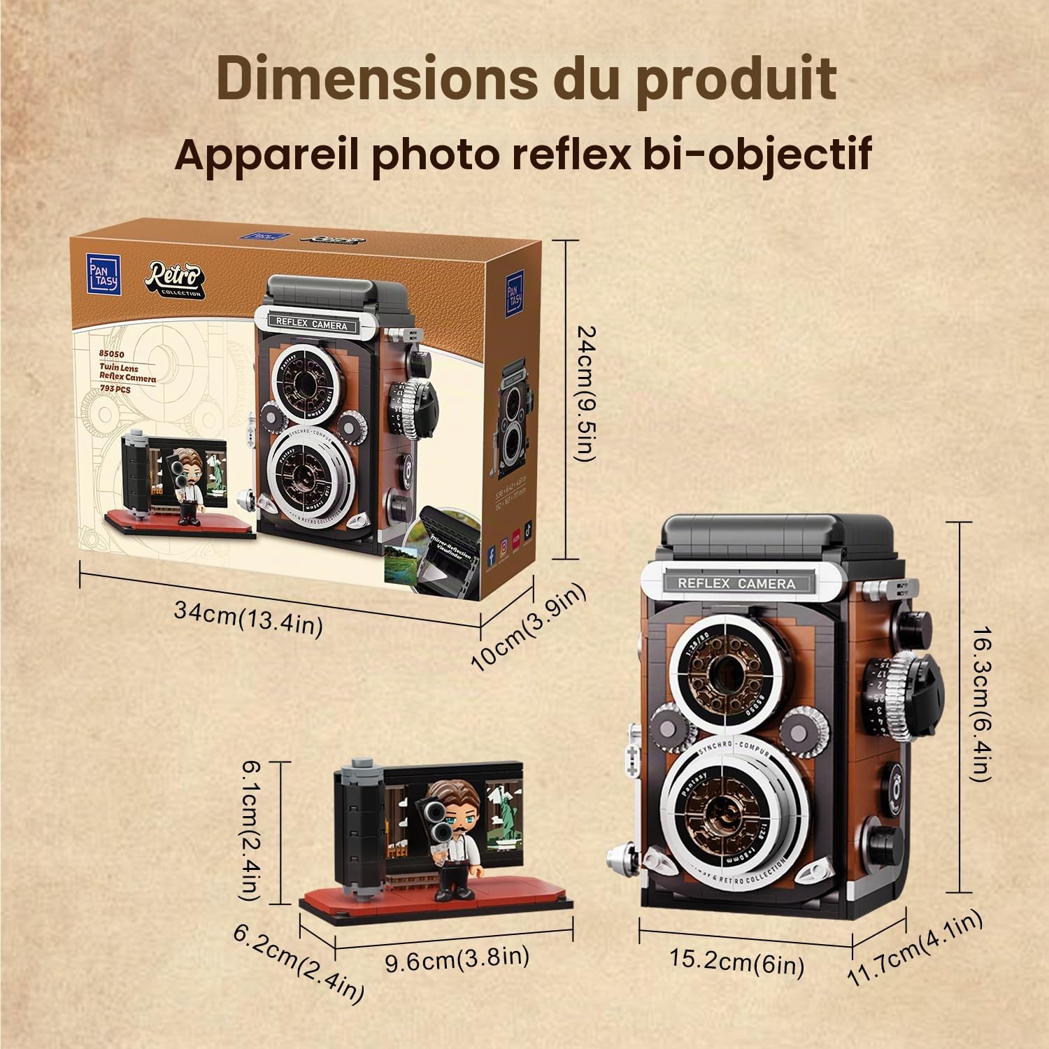 PANTASY Ensemble de briques de construction miniature pour adultes, modèle de caméra rétro à double objectif réflex classique avec fonctions interactives, appareil photo vintage modèle de collection