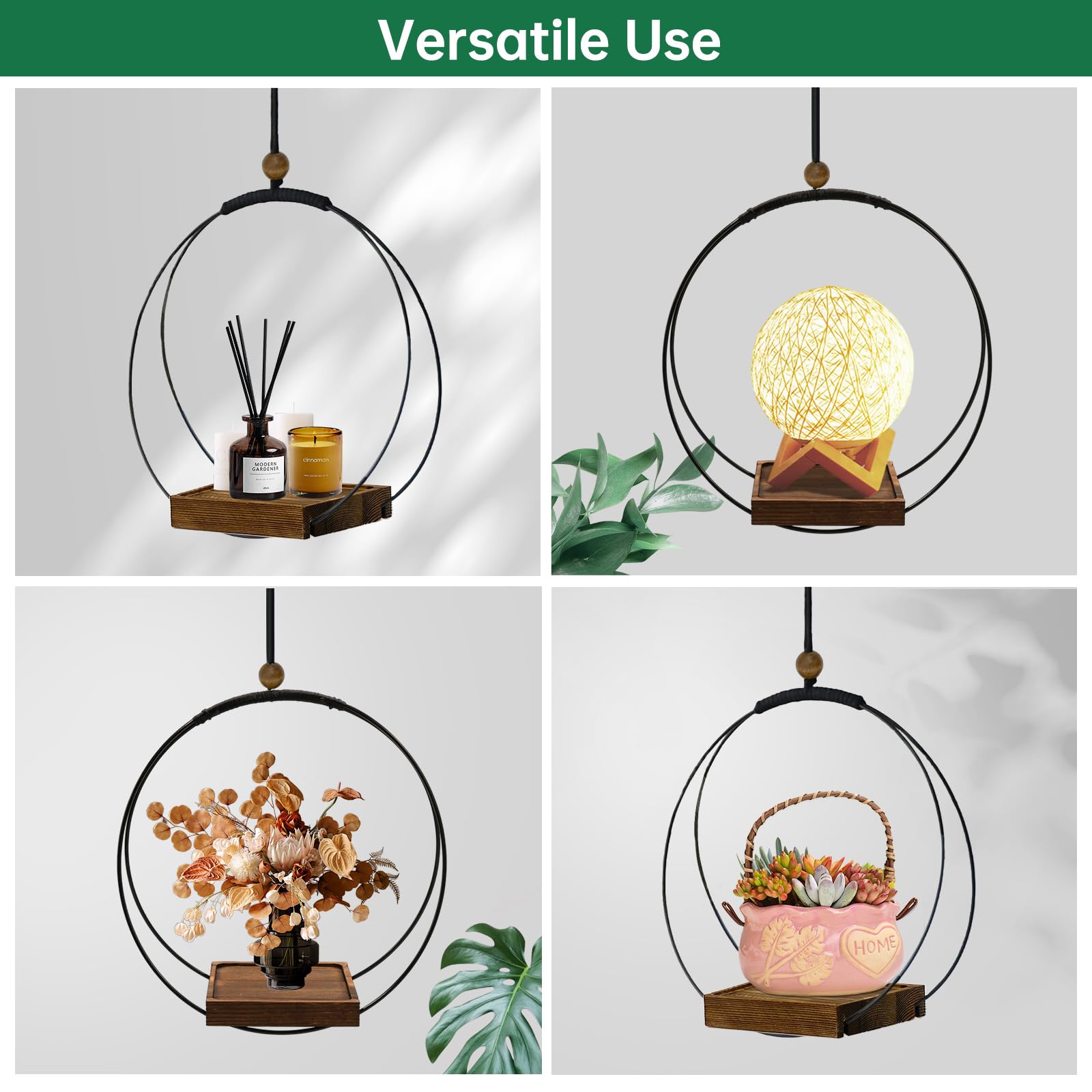 Suspension d'intérieur - Suspension moderne en macramé avec base en bois robuste - Décoration murale et plafond pour la maison - Parfait pour les plantes d'intérieur et les pots (plantes non incluses)