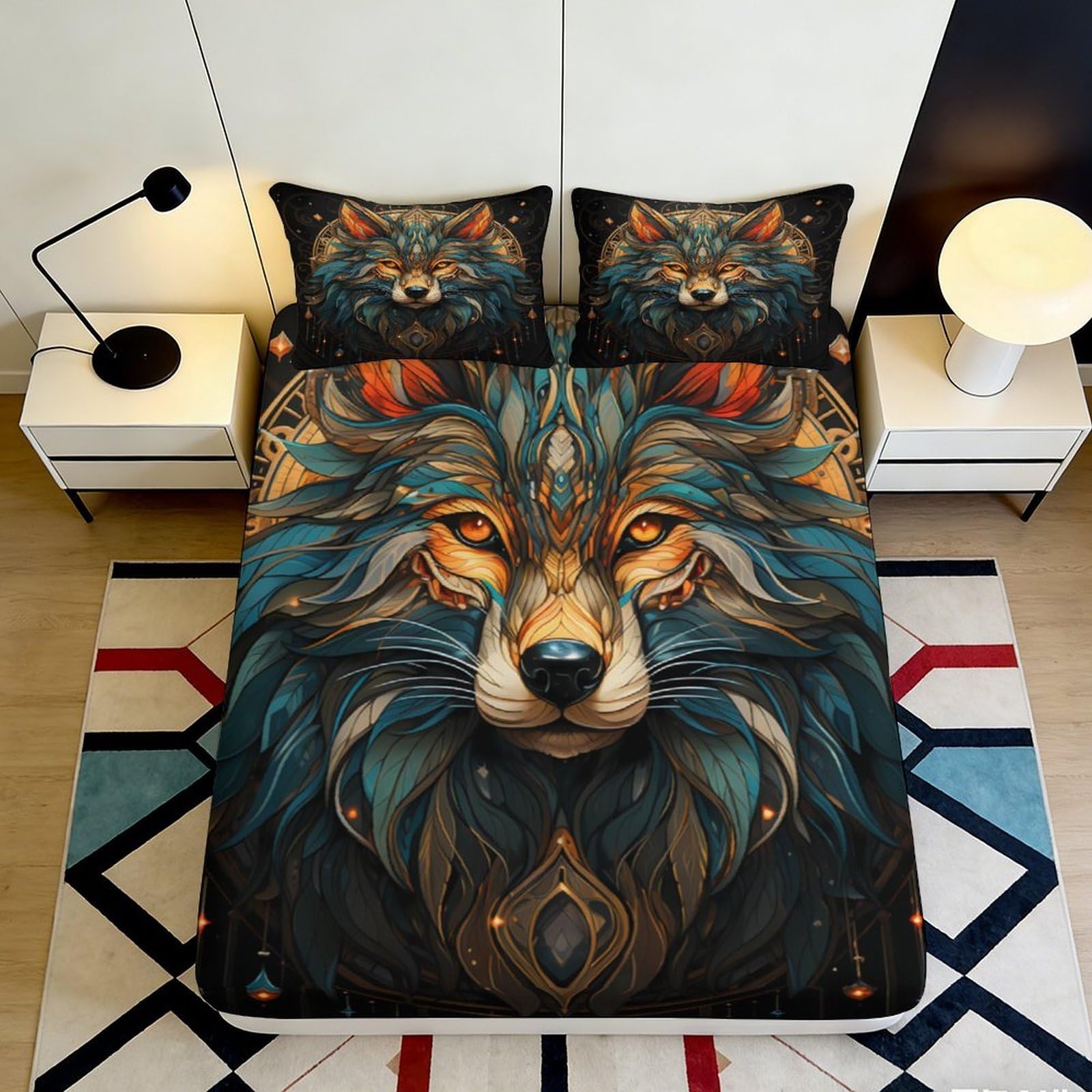 3D Printed Artistic Wolf Fitted Sheet Microfiber Soft Breathable Geometric Fox Bed Cover for Bedroom Dormitory Guest Room Mattress Protection 90x200x25cm