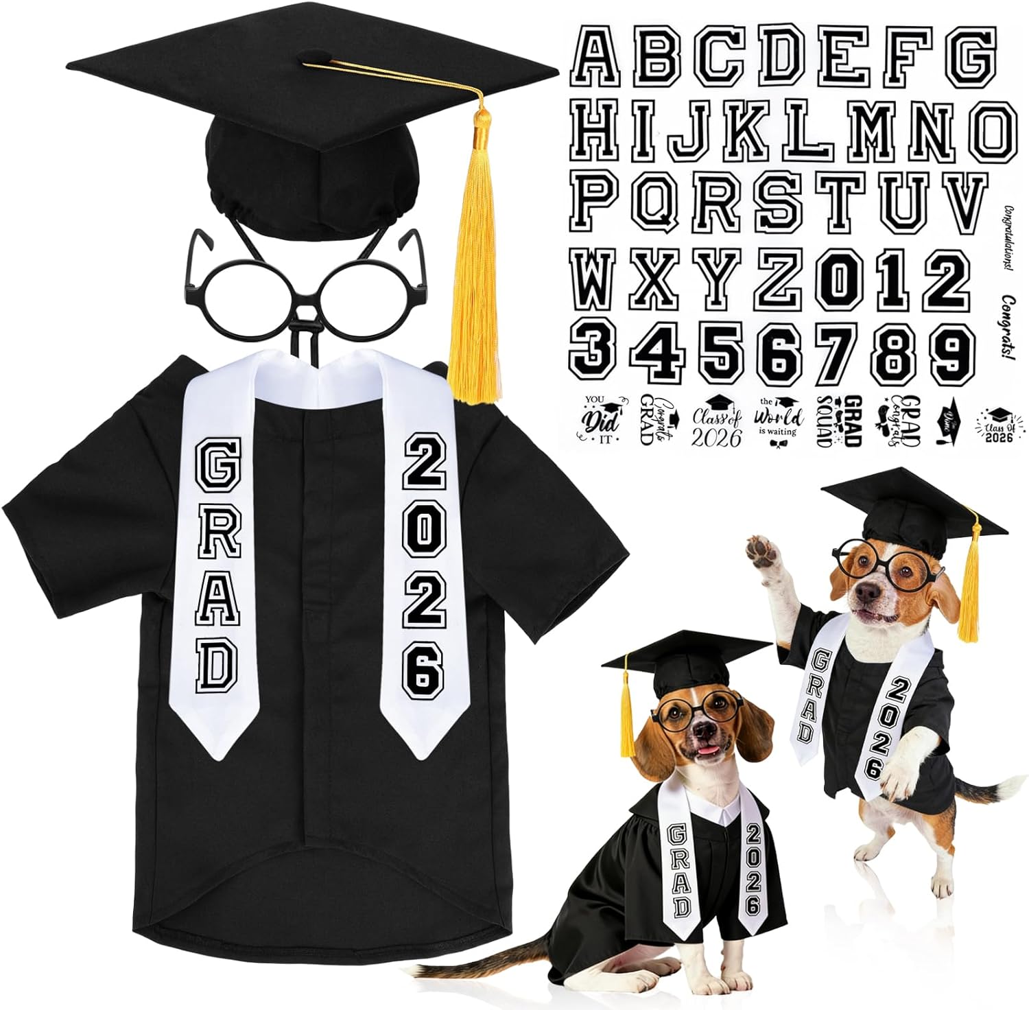 6 Piezas Gorro y Bata de Graduación para Perros y Gatos Incluye 2026 Accesorios para Mascotas (Negro, Grande)