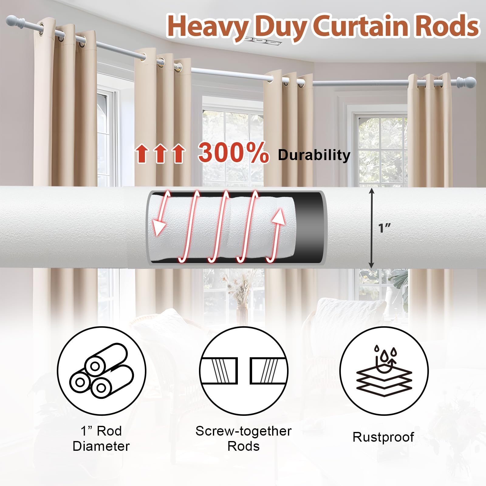 Barra de cortina de ventana de 76 a 460 cm, 2 codos incluidos, diámetro de 25 mm, barra de cortina blanca resistente de 3 lados, para dormitorio, sala de estar, ventana de esquina