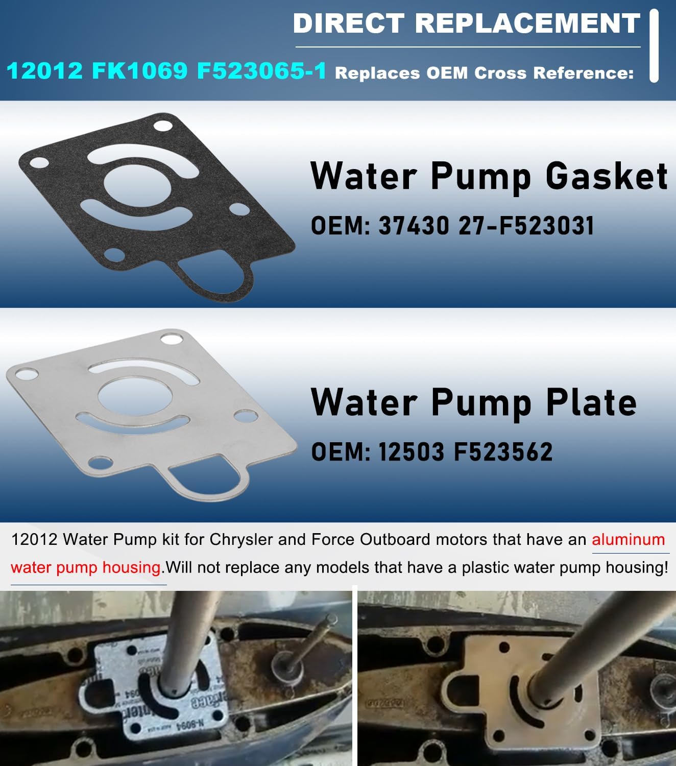 12012 Water Pump Impeller Kit For Chrysler Force 75 85 90 100 105 115 125 140 HP 1979-1989, Replaces OE# FK1069, 12012