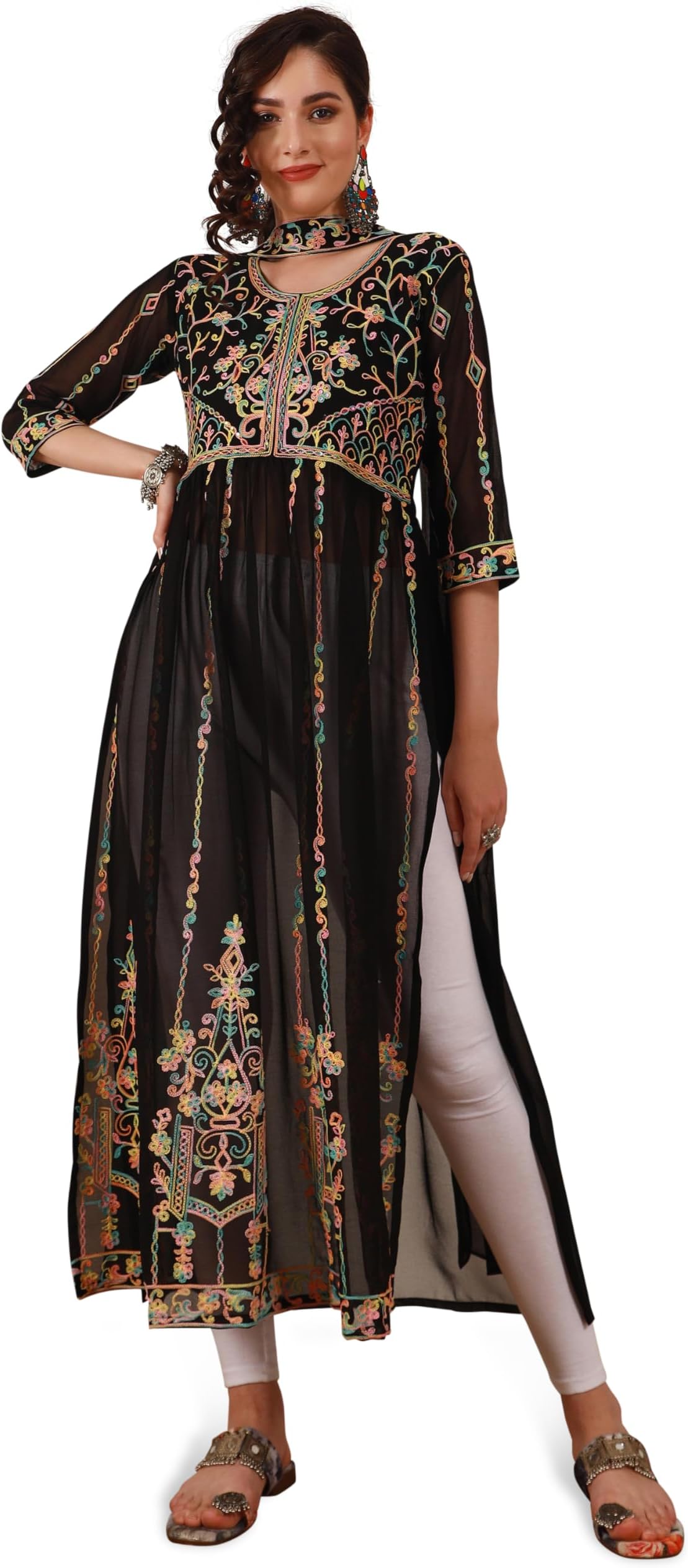 EthnicJunction Women's Georgette Embroidered and Sequence Work Naira Cut Regular Kurta and Dupatta Set