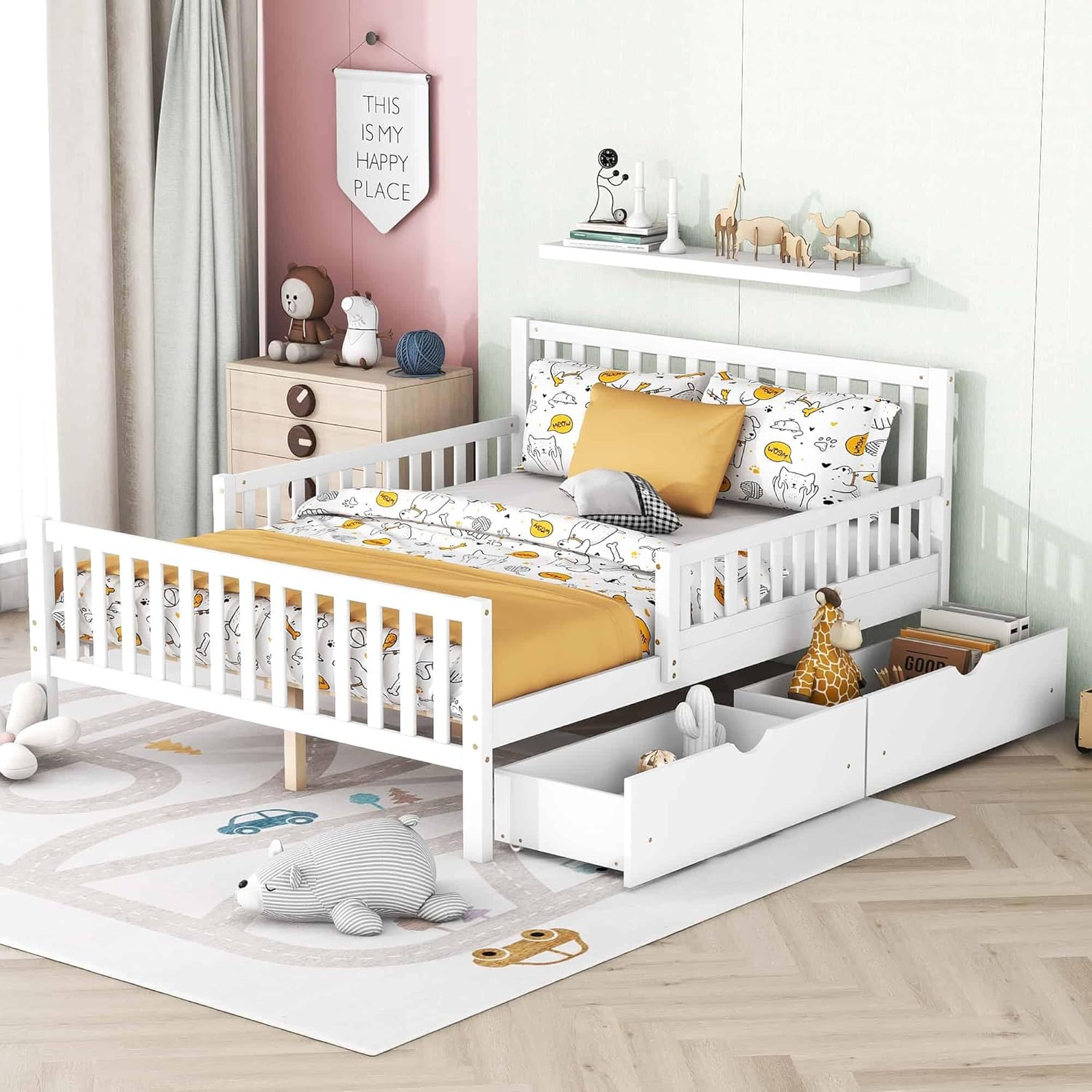 The full size bed with one storage drawer fully extended, revealing ample storage space beneath the bed.