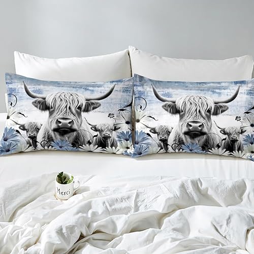 Miniatura 4 de Erosebridal Funda de edredón con estampado de vaca de las montañas, juego de ropa de cama azul occidental para decoración del hogar, funda de