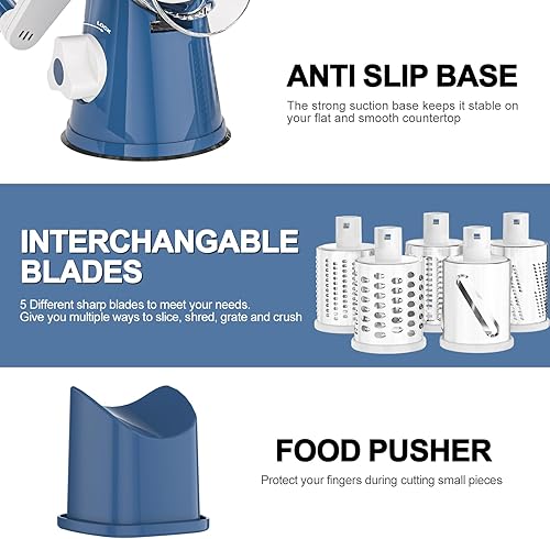 Miniatura 7 de Cambom Rallador giratorio de queso, triturador de queso de manivela para queso fresco, verduras, nueces, base de succión antideslizante, cinco