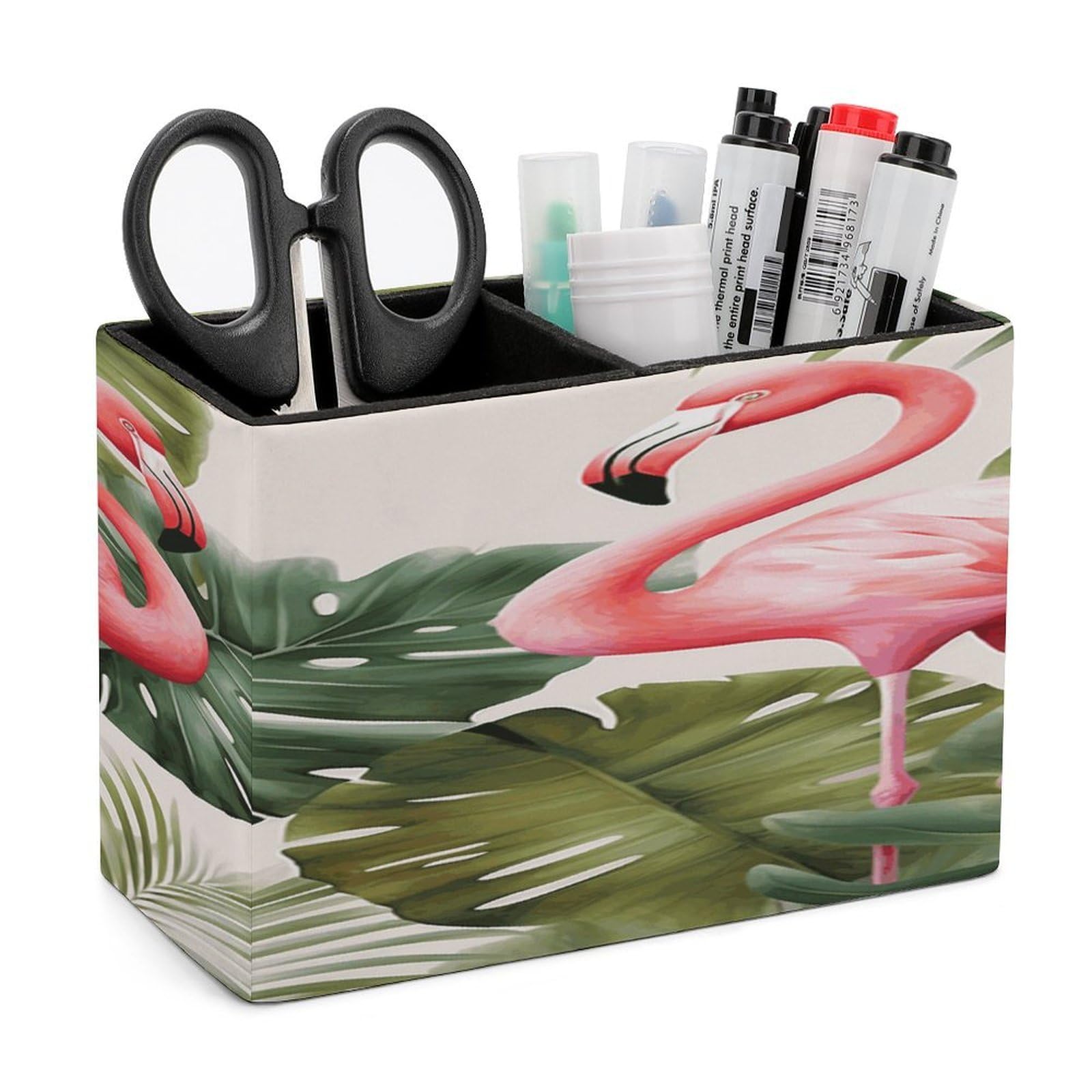 JTREHY Flamingo Palm Trees Leaf Pencil Holder Exquisite Fashion Leather Pen Receptacle Soft High-End Pen Container for Office Home Accessories Or Housewarming Present