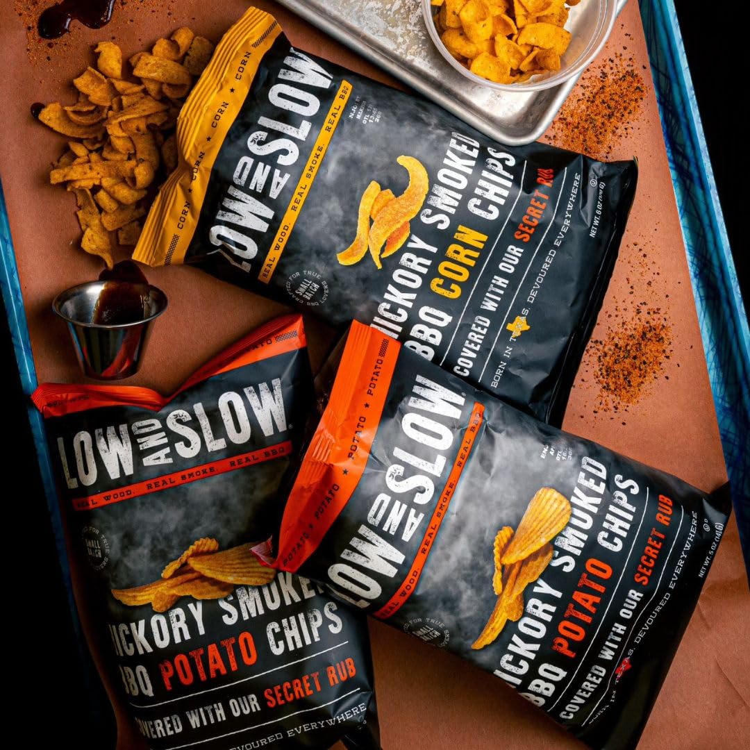 Low and Slow Hickory Smoked BBQ Rub Potato Chips, Real Wood Smoked ridged Potato Chips with Sweet & Savory Texas BBQ Rub, Craft Smoked Crispy Potato Chips, 4 Pack, 20 oz Total