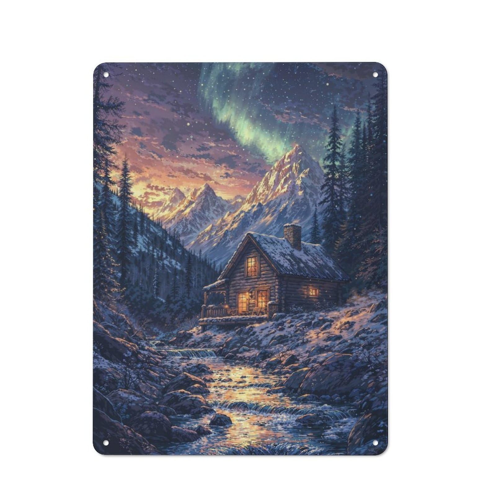 Junmoney Cabin In The Snow Mountains Metal Tin Sign, Clear Colour Print, For Garage, Shed, Workshop Or Hobby Room, 40X30cm