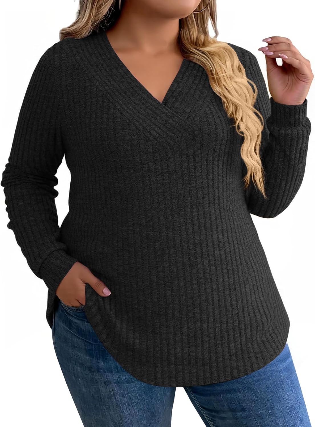 VISLILY Womens-Plus-Size-Tops Trendy V Neck Casual Long Sleeve Shirts Lightweight Knit Sweaters Cute Pullover Tunics Blouses - Image 4