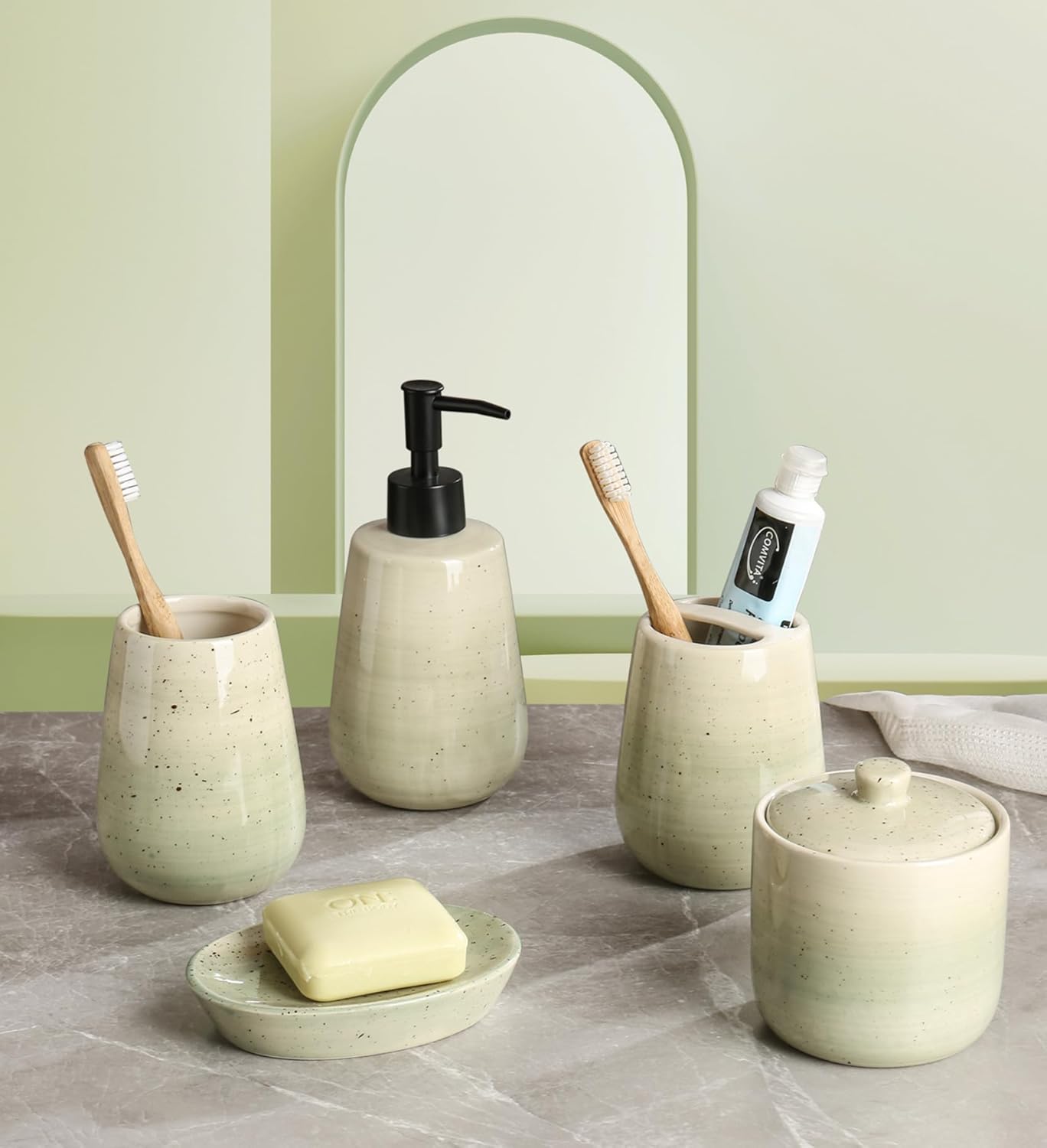 SURUI 5pcs Bathroom Ceramic Bathroom Accessories Complete Set Colorful Creative Bathroom Accessories Set with Lotion Dispenser, Cotton Jar, Soap Plates, Glass and Toothbrush Holder (Green)