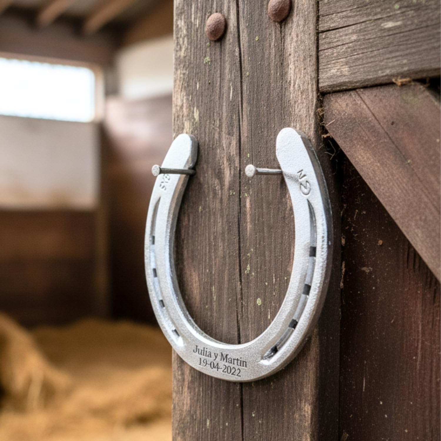 Dttra Herradura con grabado personalizado de hierro pesado, herradura original de caballo, lacada en plata, herradura de la suerte personalizada para boda o regalo de inauguración