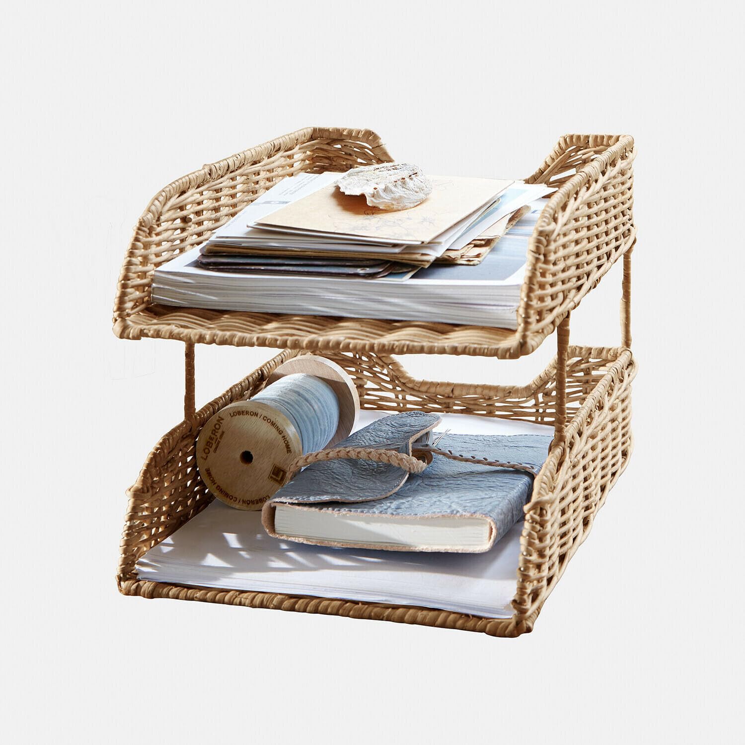 Loberon Organizer Brookhavens - braun | Zwei Ebenen für A4 - Optimal für Schmale Schreibtische - Dokumentenablage - Arbeitszimmer - Rattan