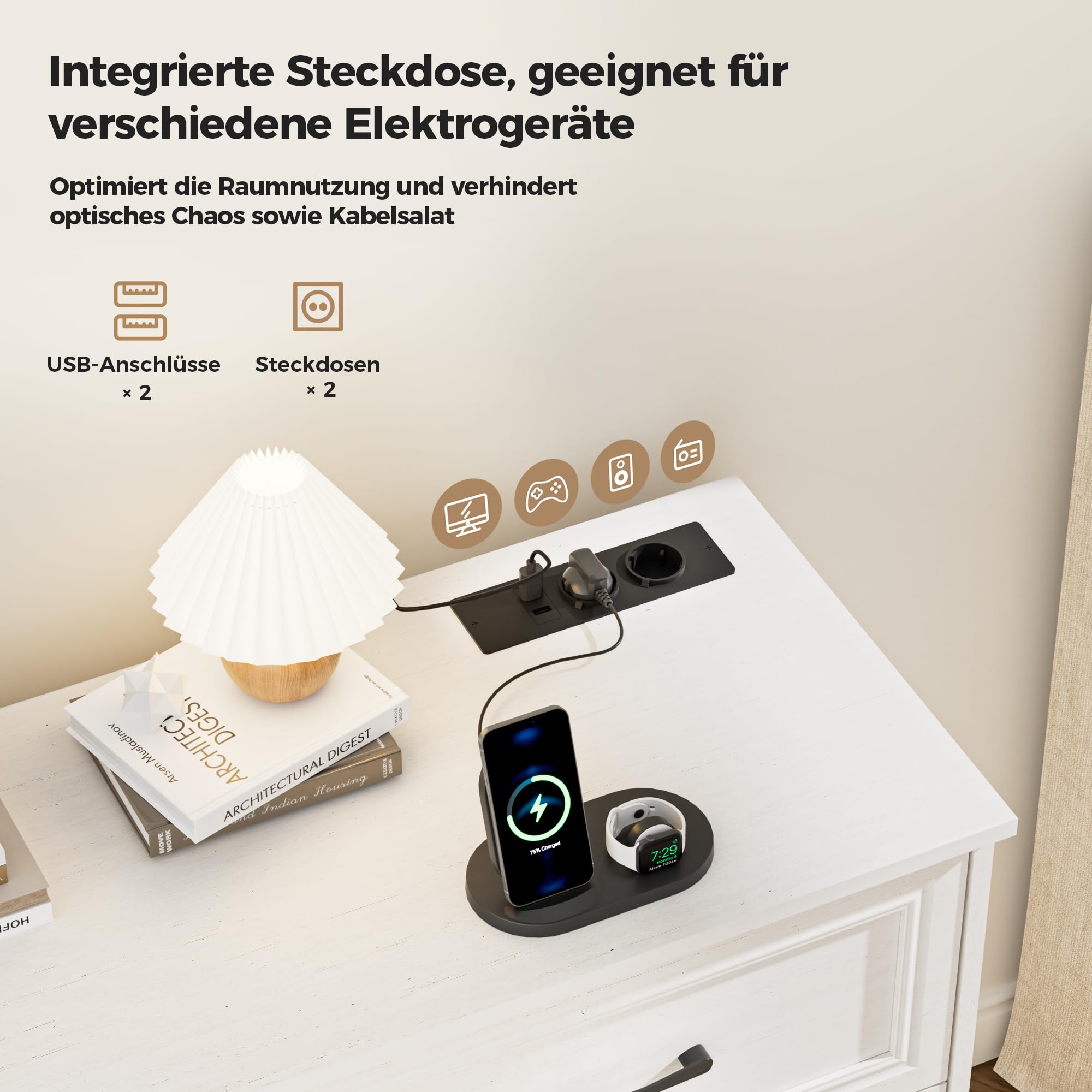 BonVache Kommode mit Steckdosen, Komode mit 6 schubladen, 2 USB & 2 AC-Anschlüssen, Komodenschrank Holz, für Schlafzimmer, Wohnzimmer, Flur, 106 x 81.5 x 39 cm, Weiß