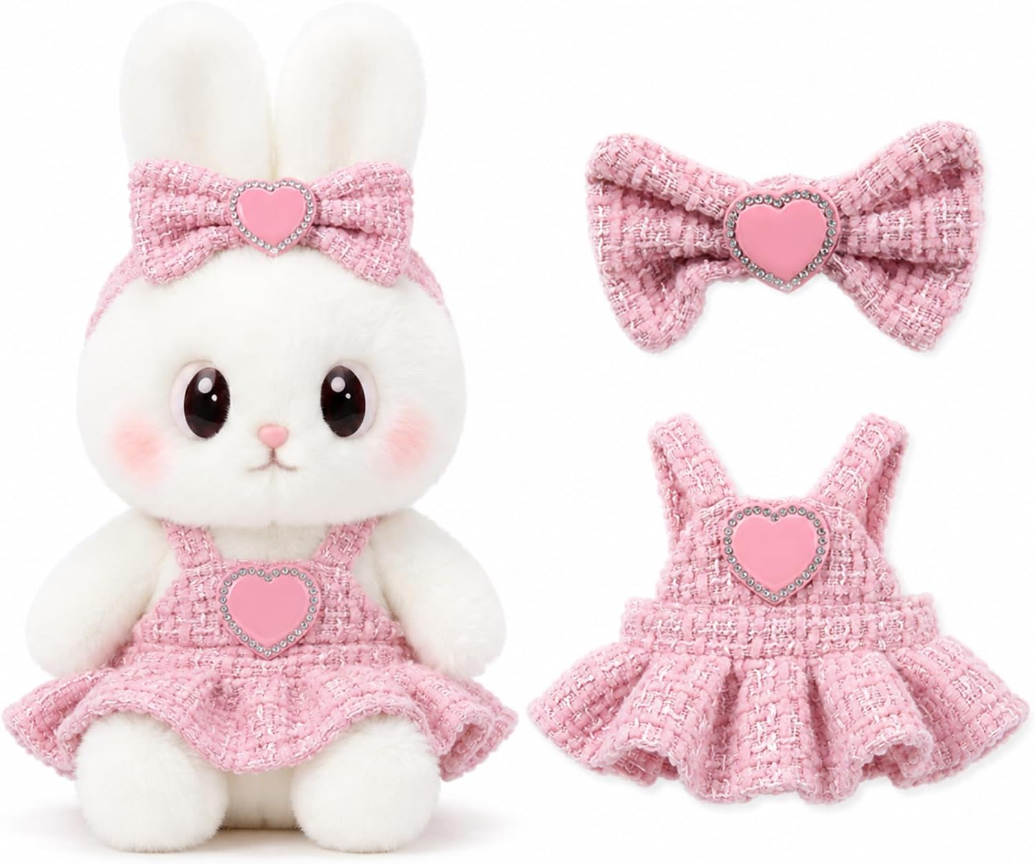17cm Doll Clothes Pink Tweed Dress and Bow Headband Set, Kawaii Outfit for 6.7 Inch Plush Dolls, Plush Pendant Accessories, Outfit Only, Doll Not Included(Outfit Only, Doll Not Included)(Style E)