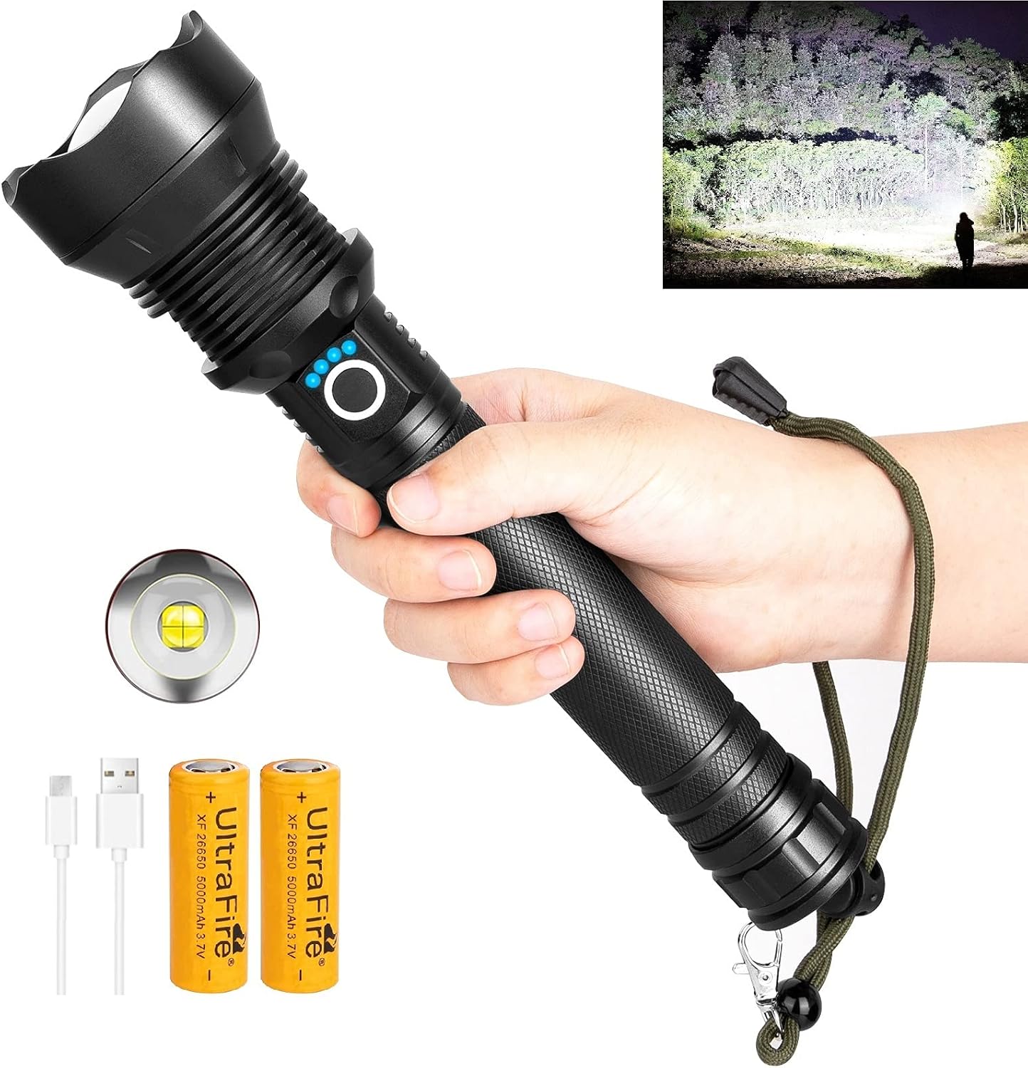LED Rechargeable High Lumens Flashlight 90000 Lumen Super Bright Flashlight (26650 Battery Included) 3 Modes Zoomable IPX5 Waterproof Flashlights for Camping Hiking Hunting Emergency : Tools & Home Improvement
