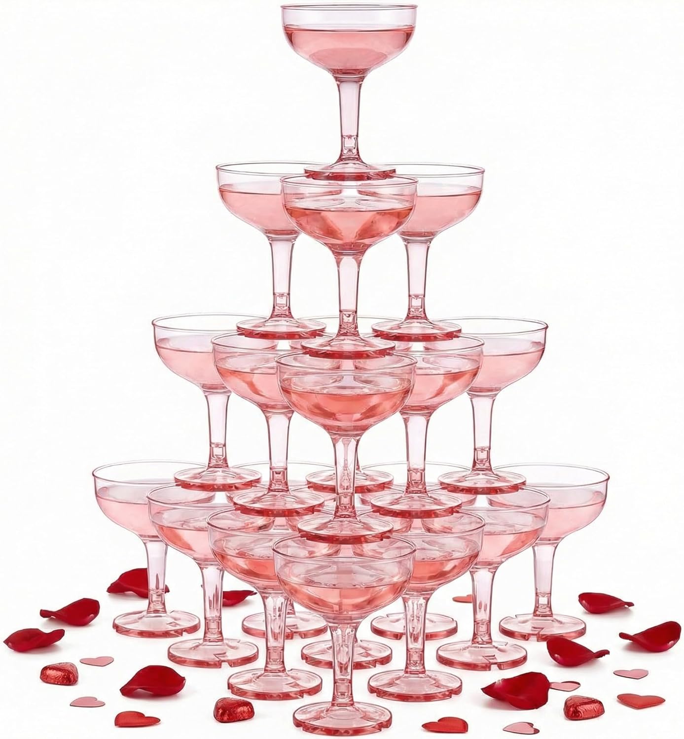 Zopeal 50 Pcs Champagne Glasses 5 oz Unbreakable Plastic Martini Glasses Disposable Wine Cups Stackable Stemmed Champagne Coupe Party Stem Cups for Valentine's Day Wedding Birthday Bar (Pink)