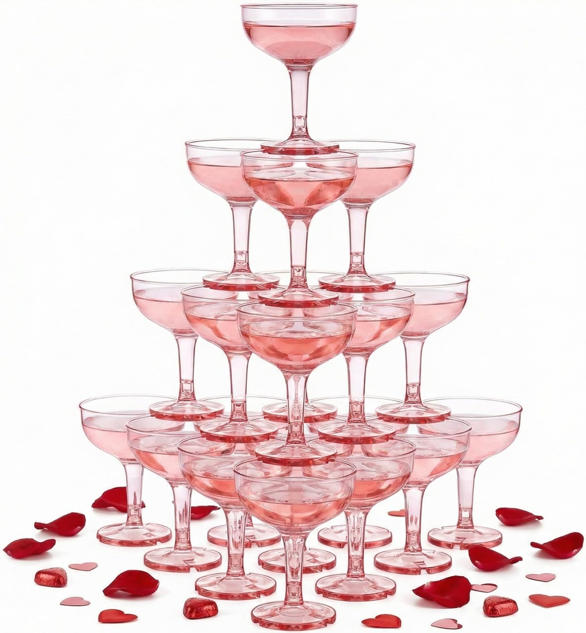 Zopeal 30 Pcs Champagne Coupe Glasses 5 oz Plastic Champagne Tower Disposable Martini Glasses Stackable Stemmed Margarita Coupe for Wedding Birthday Valentine's Day Party Bar(Pink,Transparent)