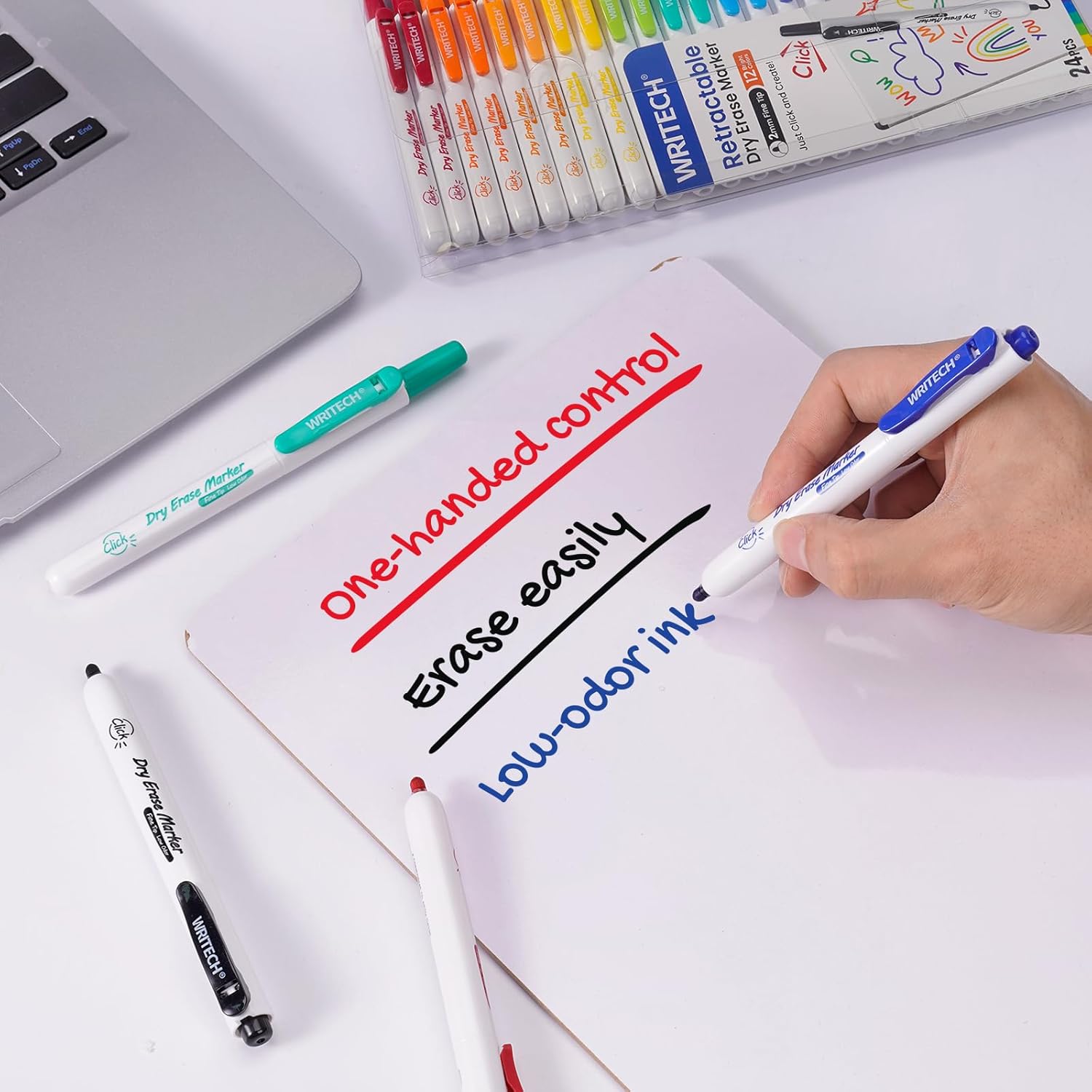 WRITECH Retractable Dry Erase Markers: Clickable Pack of 24 with Fine Tip 12 Assorted Colors Low Odor Ink Whiteboard Marker Multi Colored Refillable Thin Point Pen Bulk No Bleed Smear