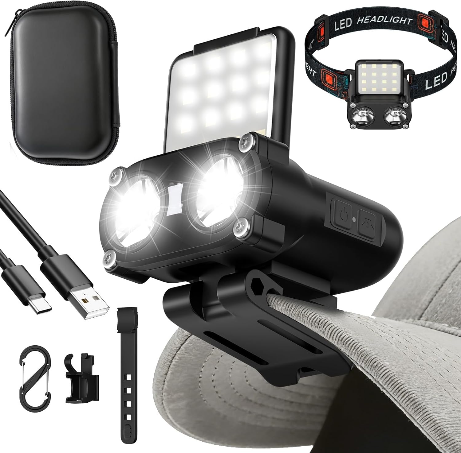 Pawfly Ultra Bright Rechargeable LED Hard Hat Light, 180° Adjustable Clip-on Dimmable Headlamp, Lightweight for Outdoor Running Hunting Cycling