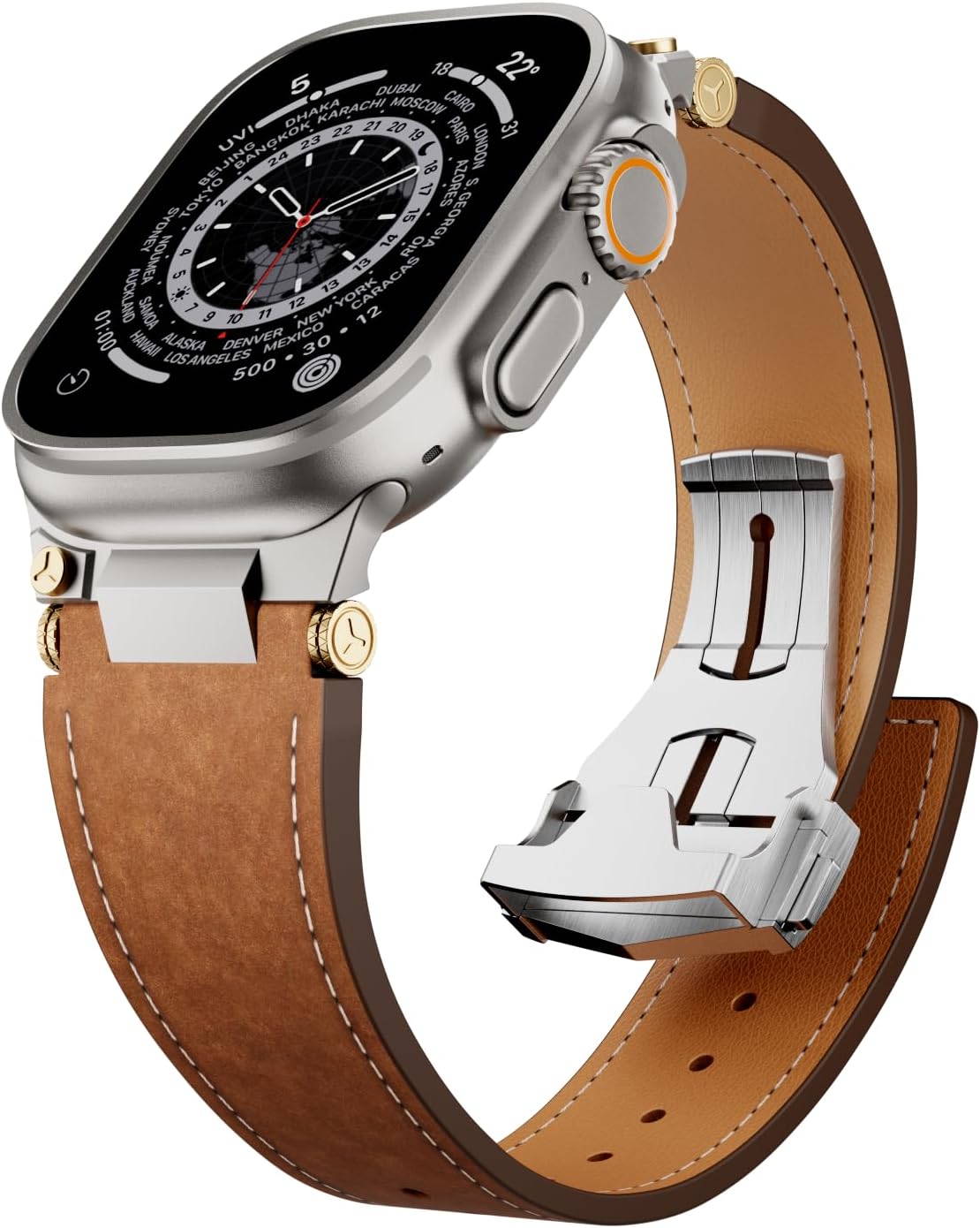 Leather Band Compatible for Apple Watch Ultra 3 2 Band 49mm 46mm 45mm 44mm 42mm , Men Luxury Genuine Leather Replacement Strap with Secure Metal Connector & Folding Clasp for iWatch Series 11 10 9 8 7 6 5 4 SE 3 2 1 ，Vintage Full-Grain Leather Watch Band