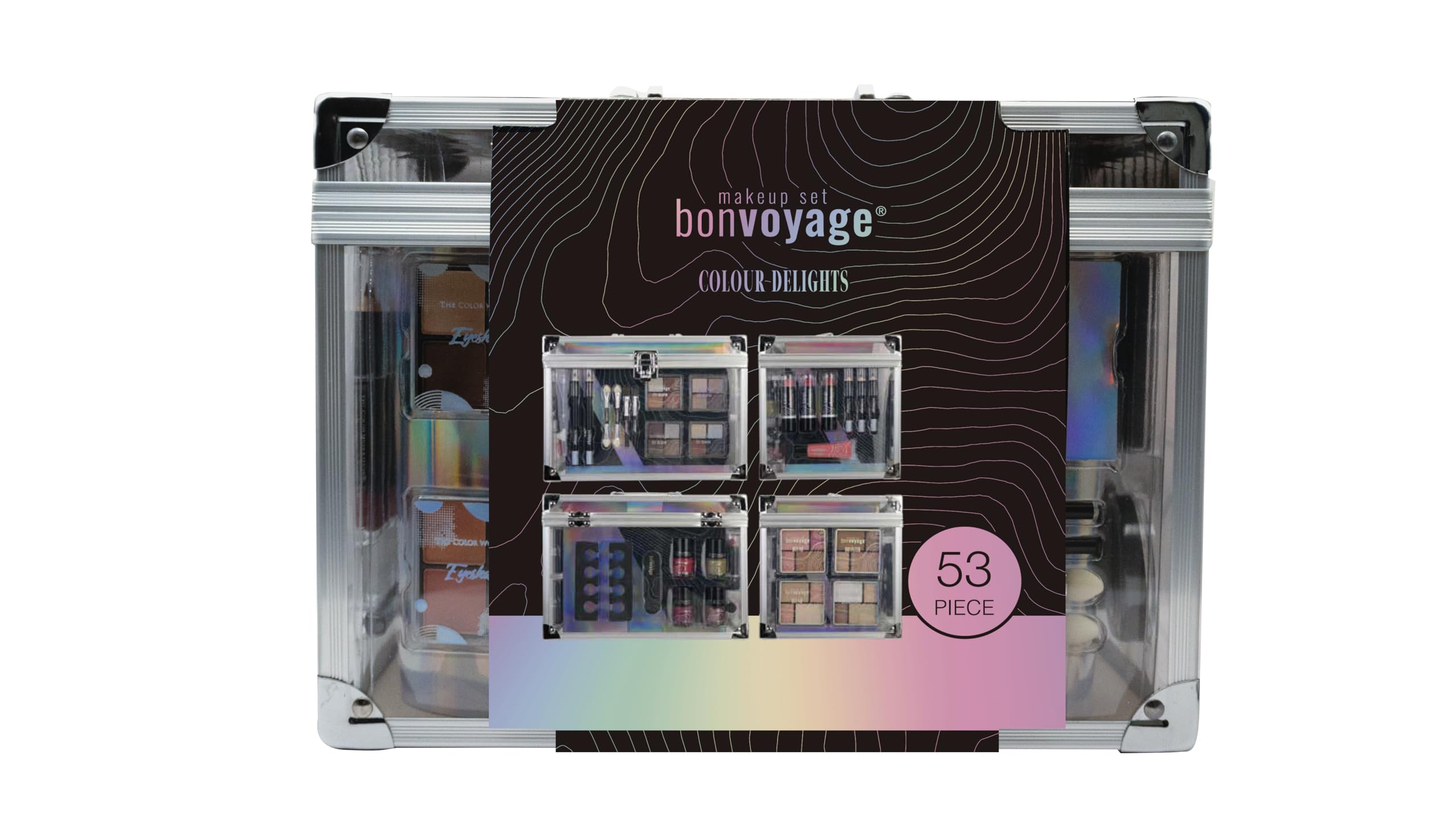 bonvoyage, Coffret Maquillage Femme avec Rouge à Lèvres, Ombres à Paupières, Blush, Set de Manucure et Pédicure, Malette Transparente Portable et Légère, Colour Delights